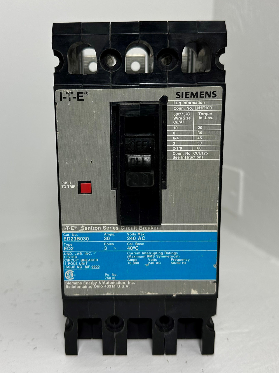Siemens ED23B030 30A Sentron Circuit Breaker Type ED2 240V 3 Pole ITE 30 Amp (EM4889-1)