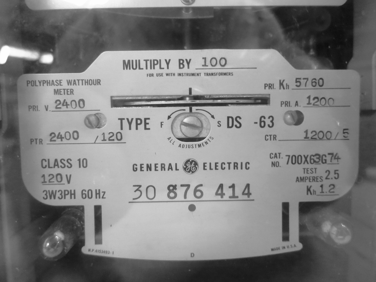GE 700X63G74 Polyphase Watthour Meter Relay 3PH DS-63 2400/120V 1200/5A 5760 Kh (DW5754-1)