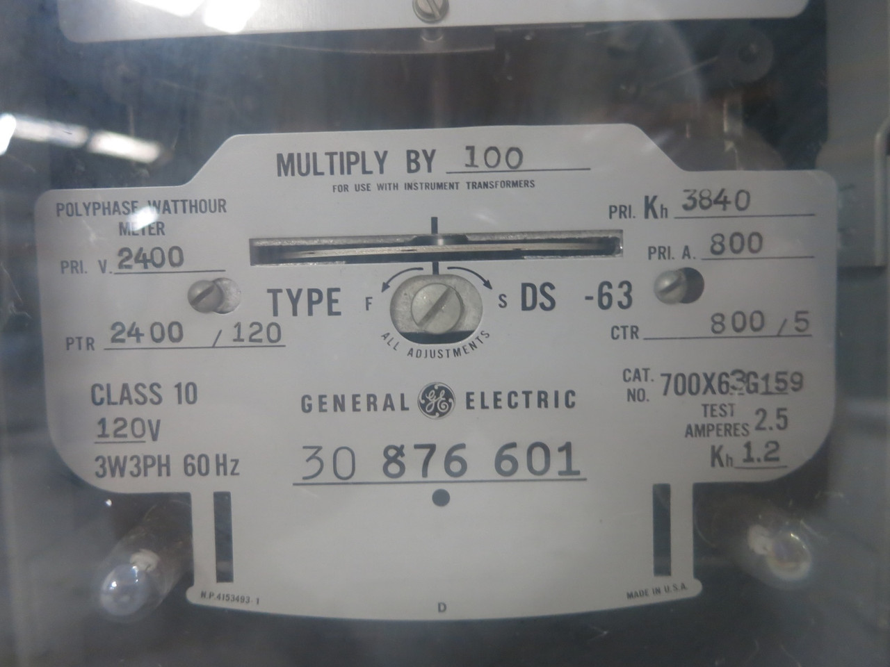 GE 700X63G159 Polyphase Watthour Meter Relay 3PH DS-63 2400/120V 800/5A 3840 Kh (DW5753-3)