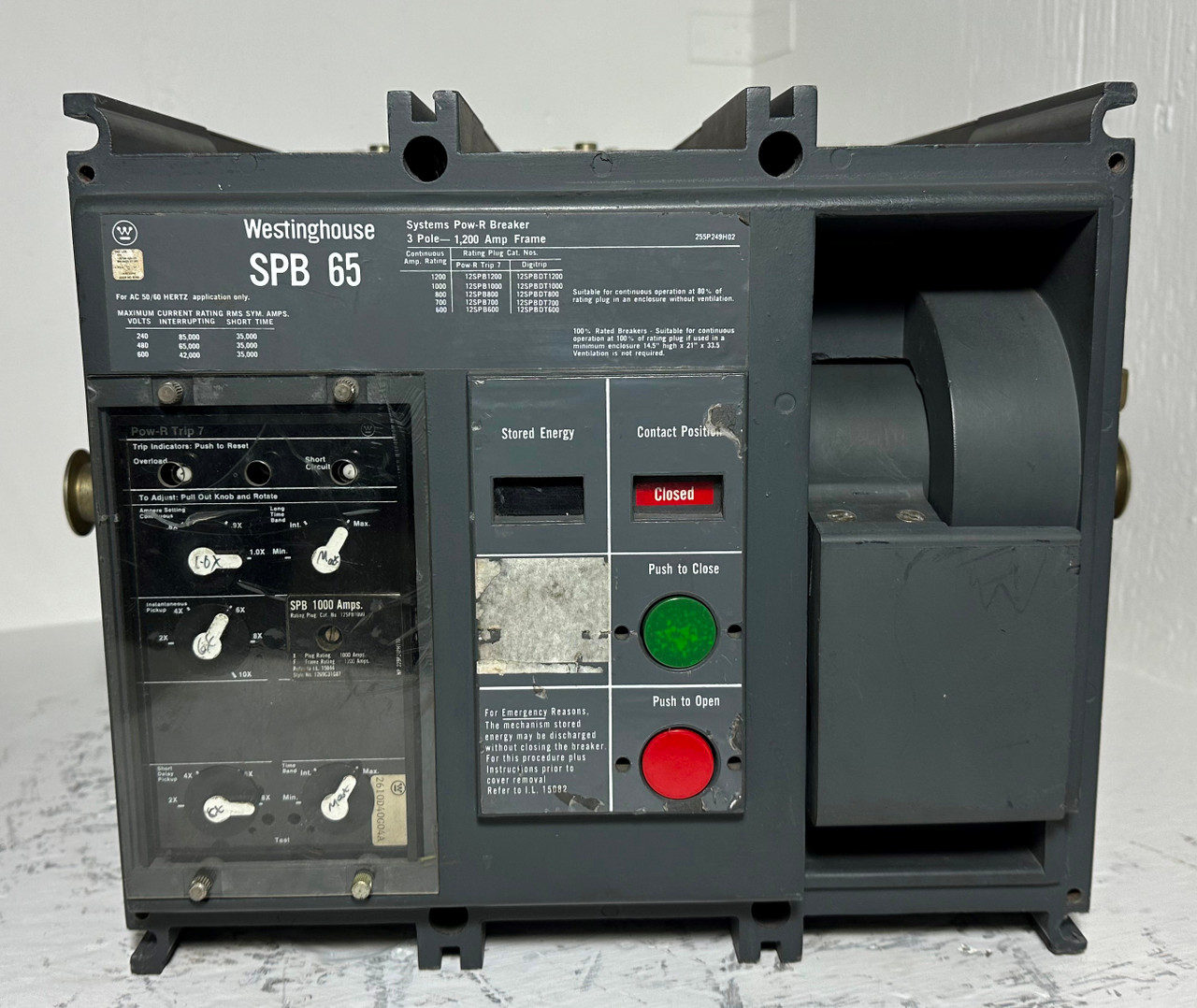 Westinghouse SPB 65 1200A LSI Drawout Circuit Breaker w 1000 Amp Plug & Shunt MO (EM4897-1)