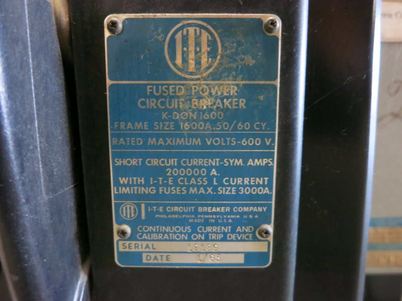 ITE K-DON-1600 1600A Fused Power Circuit Breaker KDON 1600 Amp LI OD-3 Trip (DW5785-1)