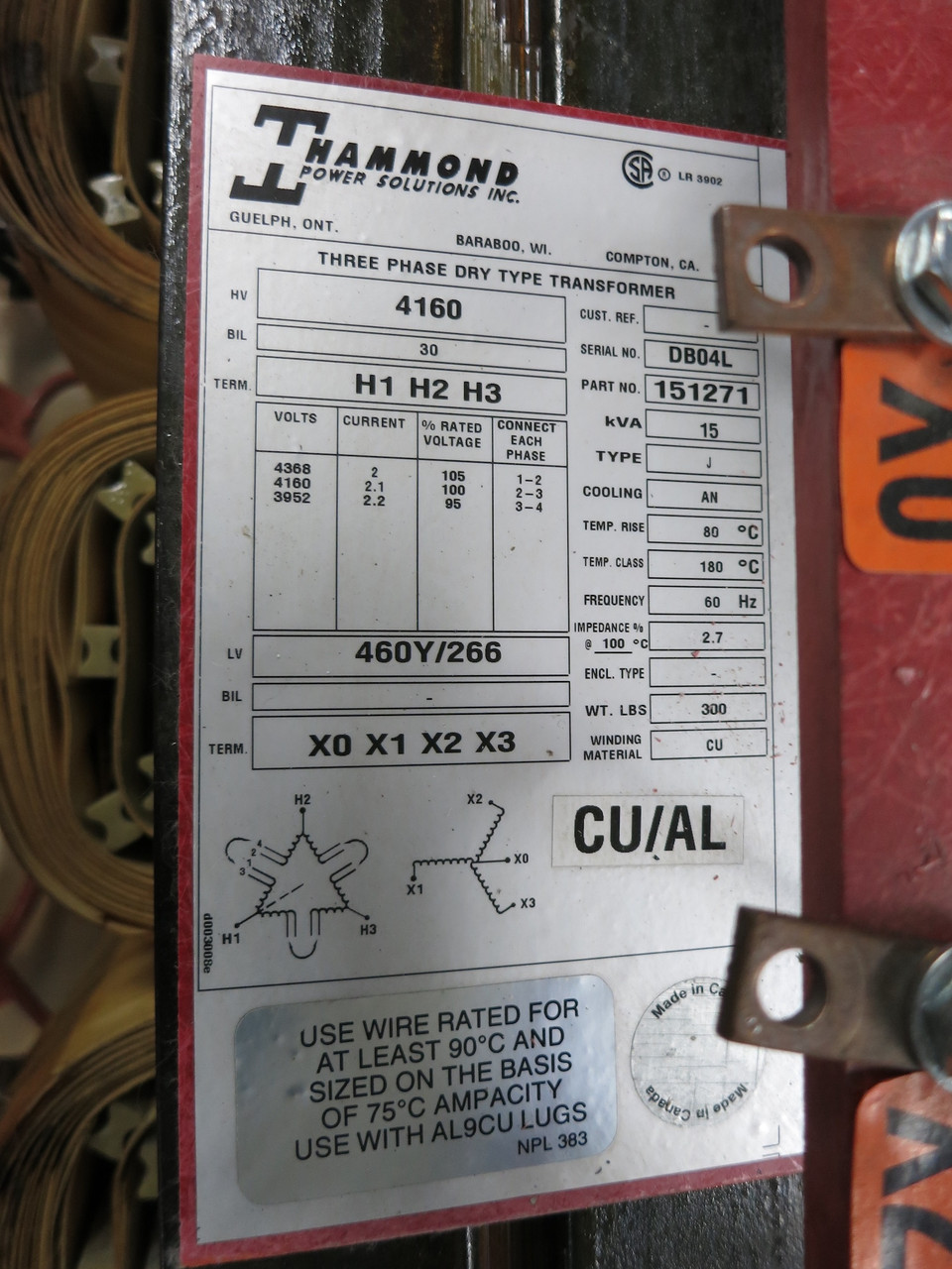 Hammond 15 kVA 4160 Delta to 460Y/266 V 3PH Transformer 151271 4160V (DW5796-2)