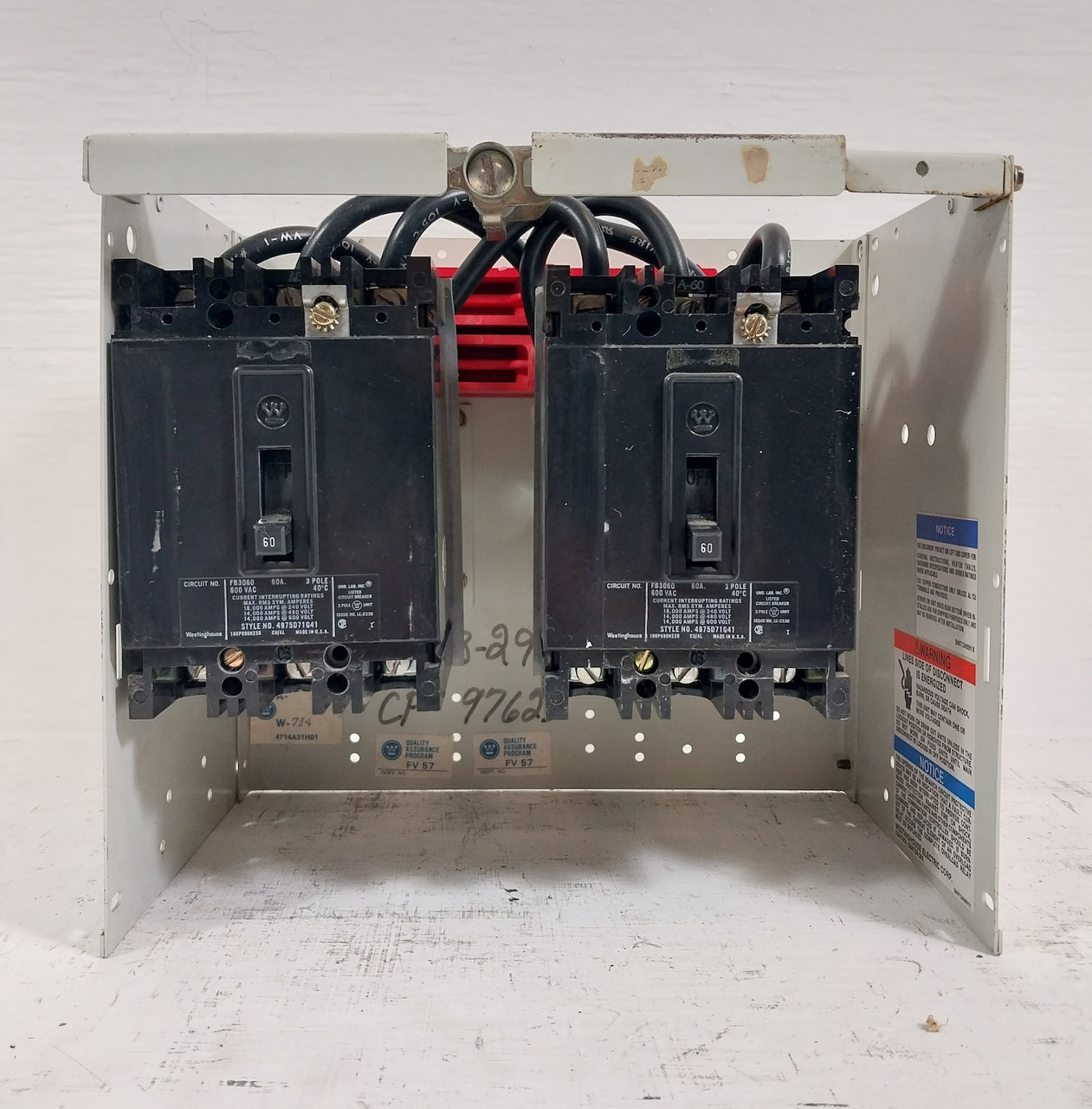 Westinghouse Type W 60A Dual Breaker 12" Feeder MCC Bucket 60 Amp FB (BJ0601-1)