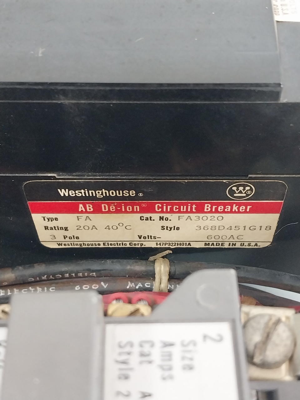 Westinghouse Type W Size 1 Contactor 20A Breaker 12" MCC Bucket 20 Amp FA (BJ0619-6)