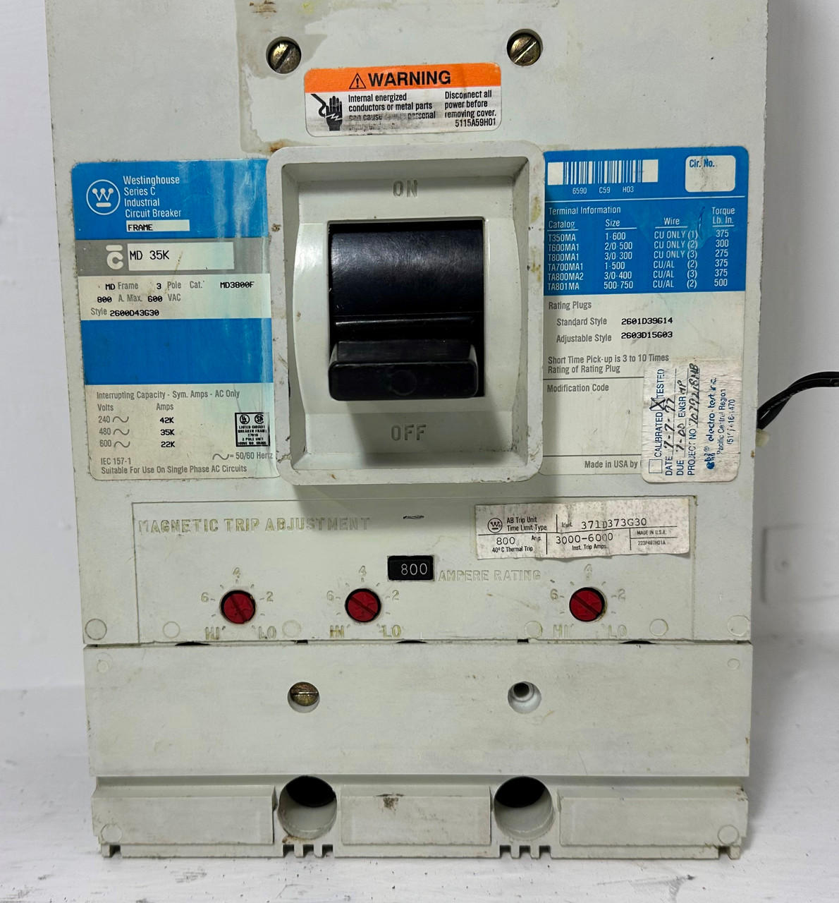 Westinghouse MD3800F 800A Circuit Breaker w/ 800 Amp Trip & Shunt 3P 600V MD3800 (EM4921-1)