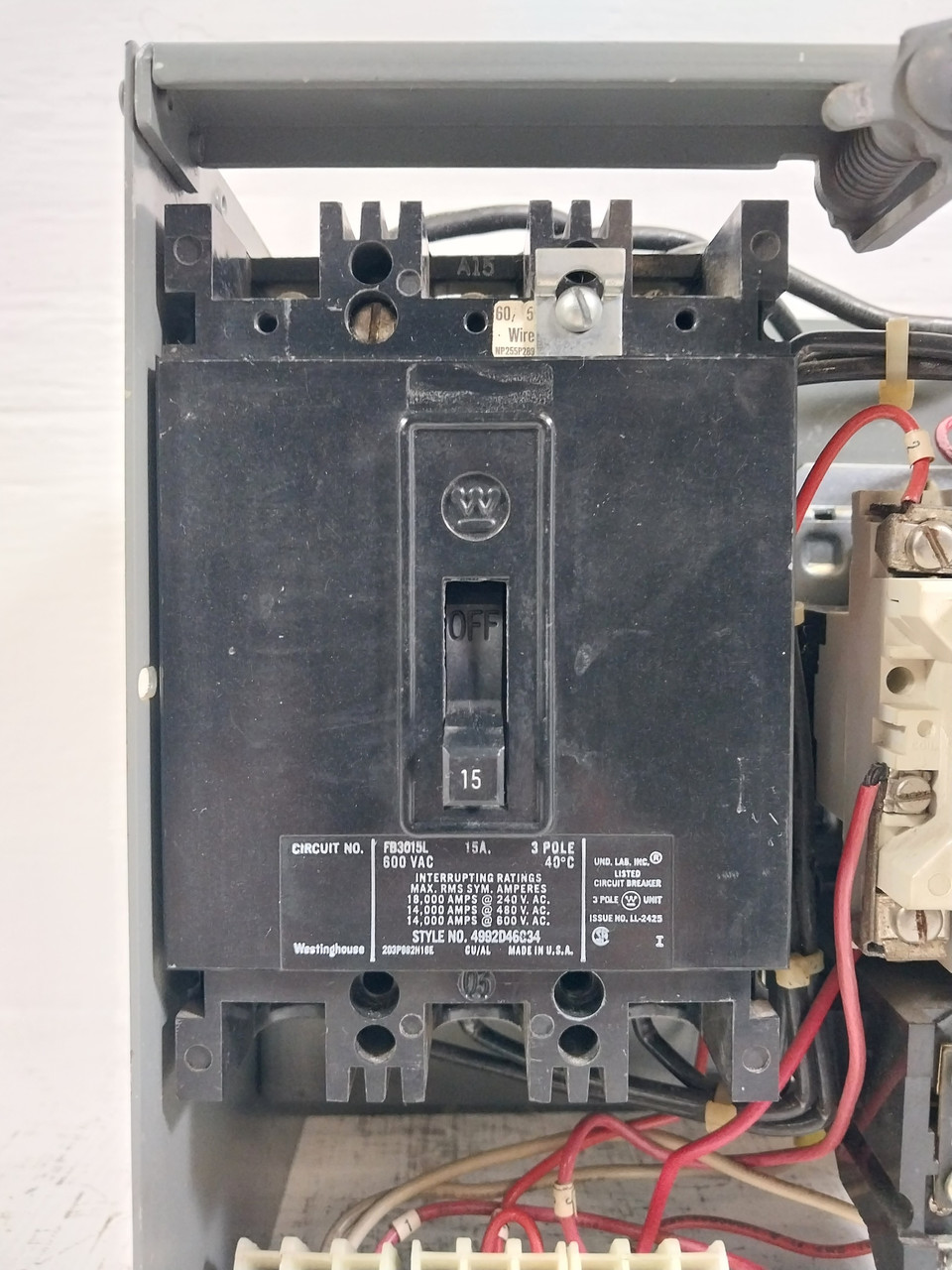 Westinghouse Type W Size 1 Starter 15A Breaker 12" MCC Bucket 15 Amp FB (BJ0616-1)