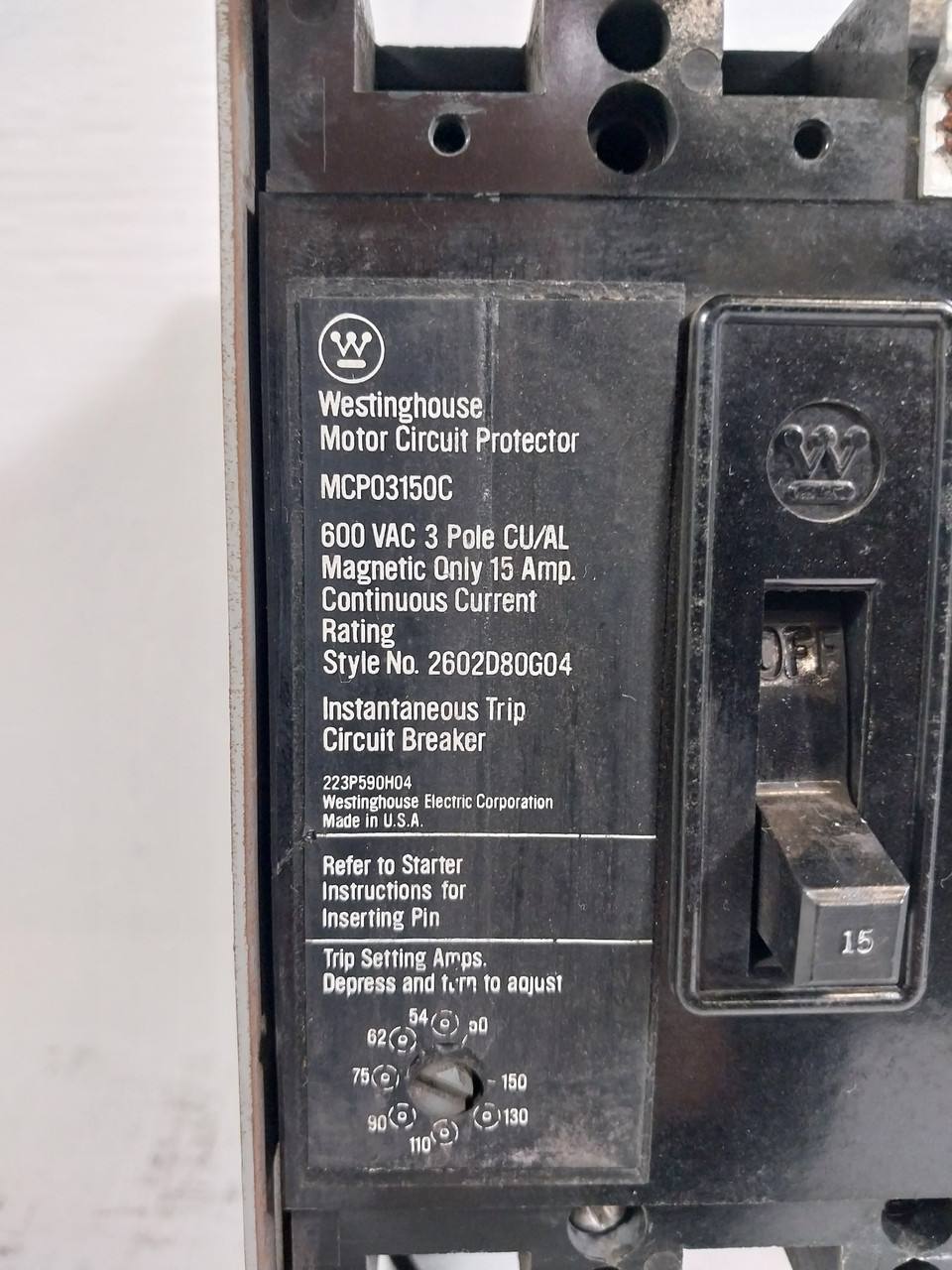Westinghouse Type W 15 Amp Breaker Type Feeder MCC Bucket 12" 15A MCP (BJ0580-5)