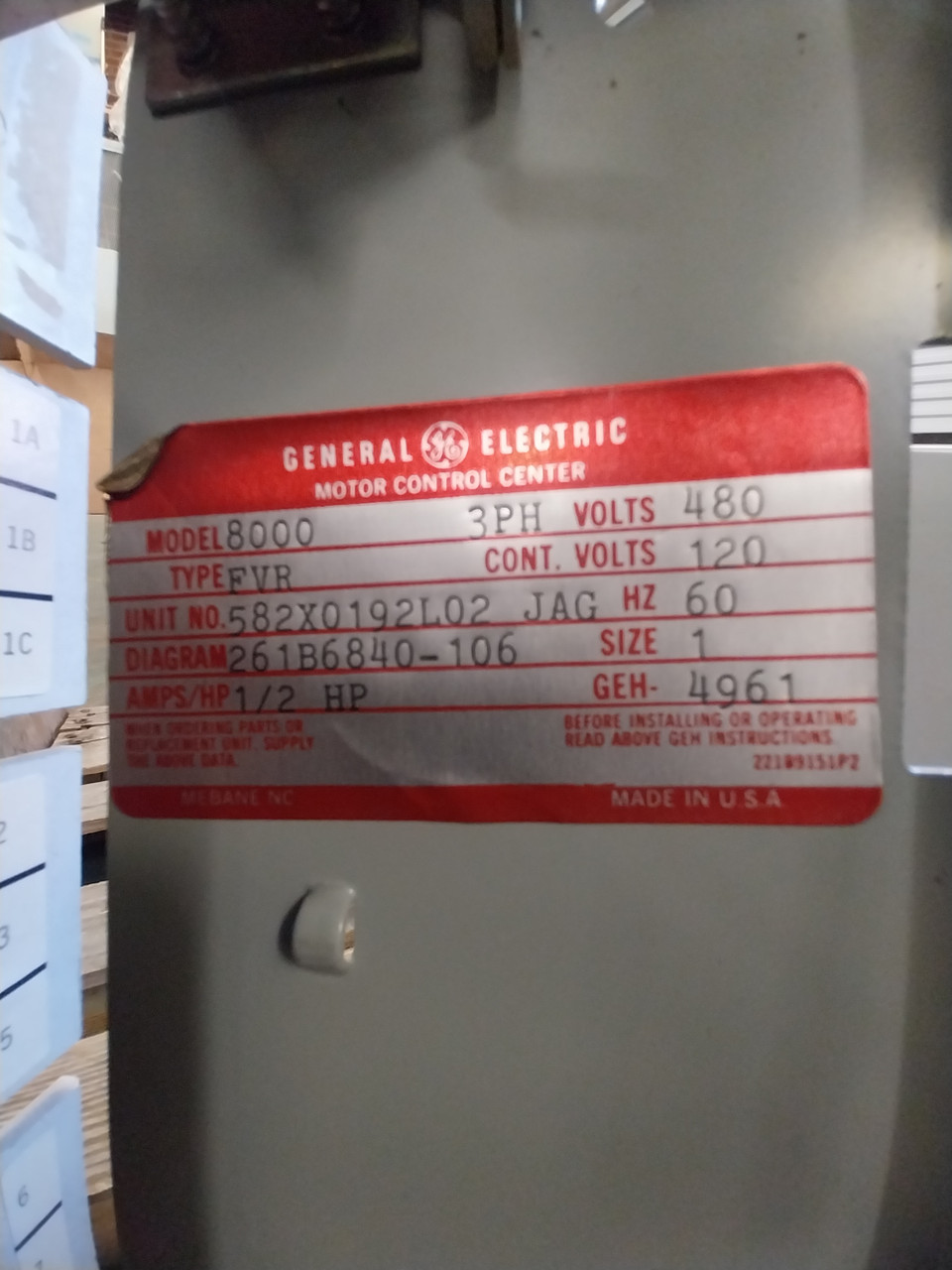 GE 8000 Size 1 Reversing Starter 3 Amp Breaker 18" MCC Bucket 3A CR309C0 (BJ0649-1)