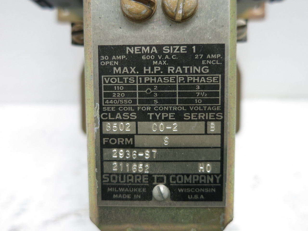 Square D 8502-C0-2 Ser B Size 1 Motor Contactor 120V Coil 8502-CO-2 (DW5851-2)