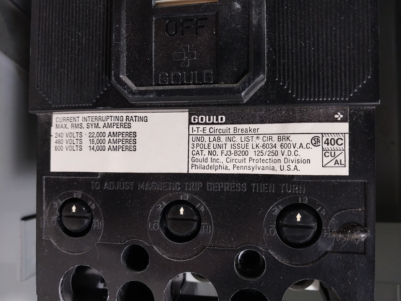 ITE XLFJ4225 200A 600V XL Breaker Bus Plug Busway Switch 3P4W 200 Amp XJ-L XLVB (BJ0557-2)