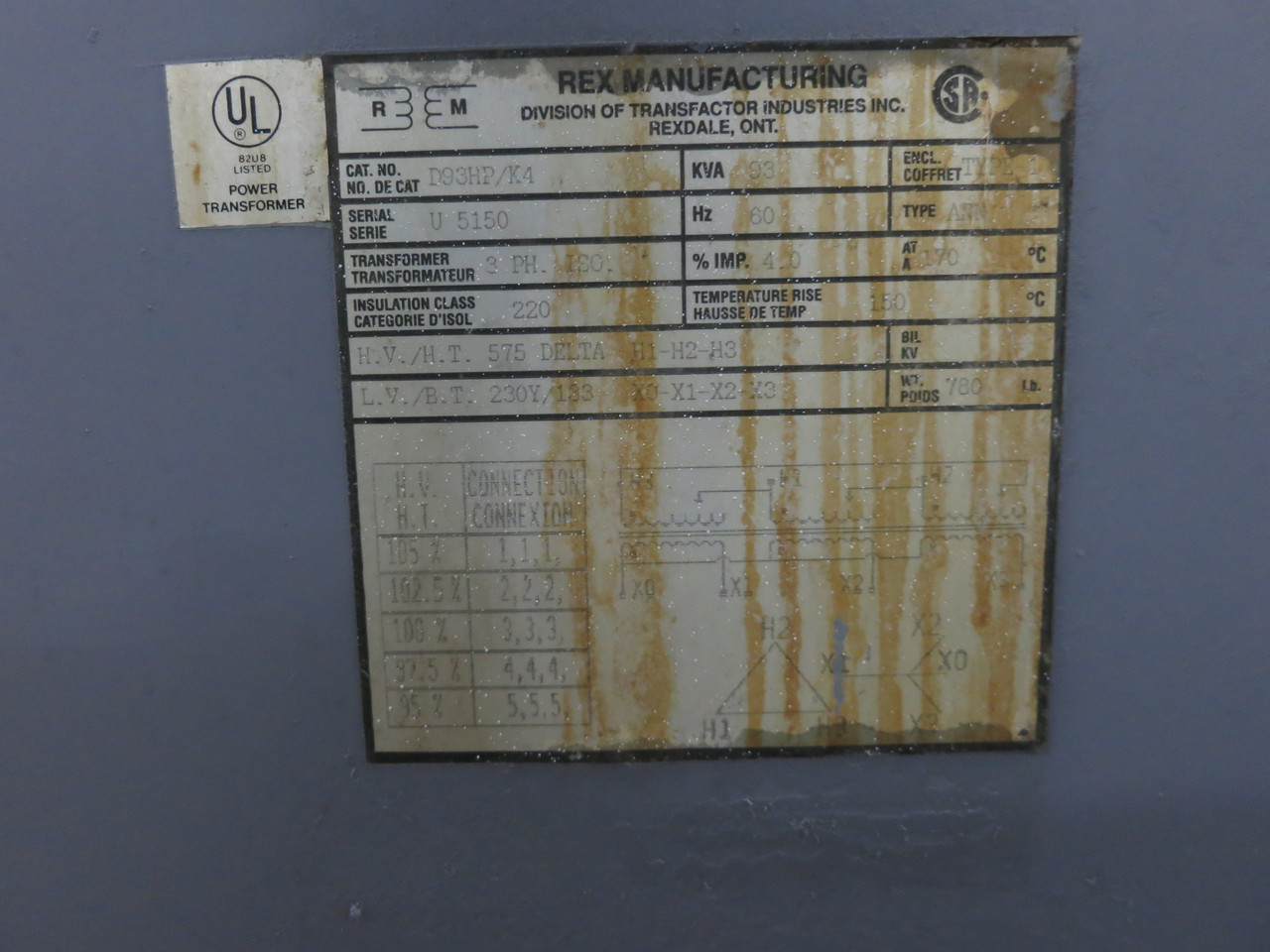 REX 93 kVA 575 Delta to 230Y/133 V 3PH Dry Type Transformer D93HP/K4 600V (DW5916-1)