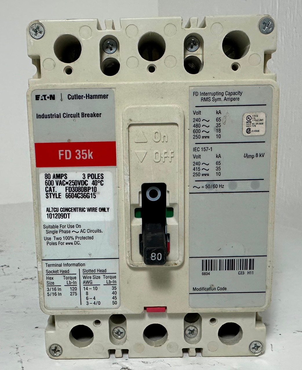 Eaton FD3080BP10 80A Circuit Breaker Glossy Red 3 Pole 480/600V FD3080 80 Amp (EM4977-1)