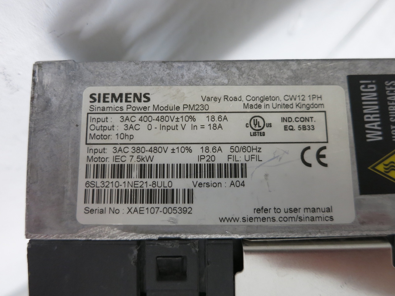 Siemens 6SL3210-1NE21-8UL0 Sinamics Power Module Drive 10HP PM230 Control CU240B (DW5984-2)