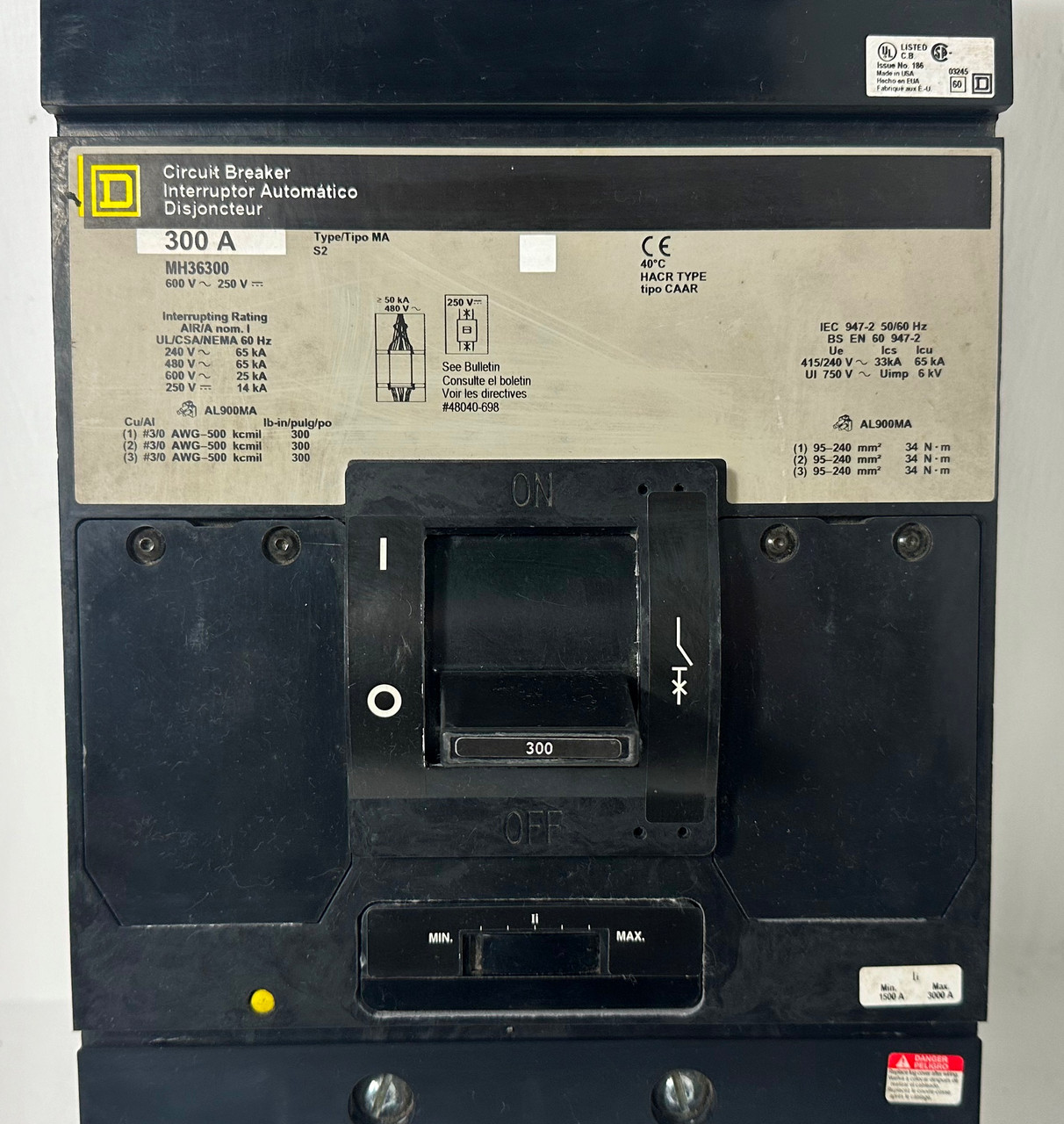 Square D I-Line MH36300 300A Circuit Breaker 480/600V 3P Type MA 300 Amp HACR (EM5044-1)