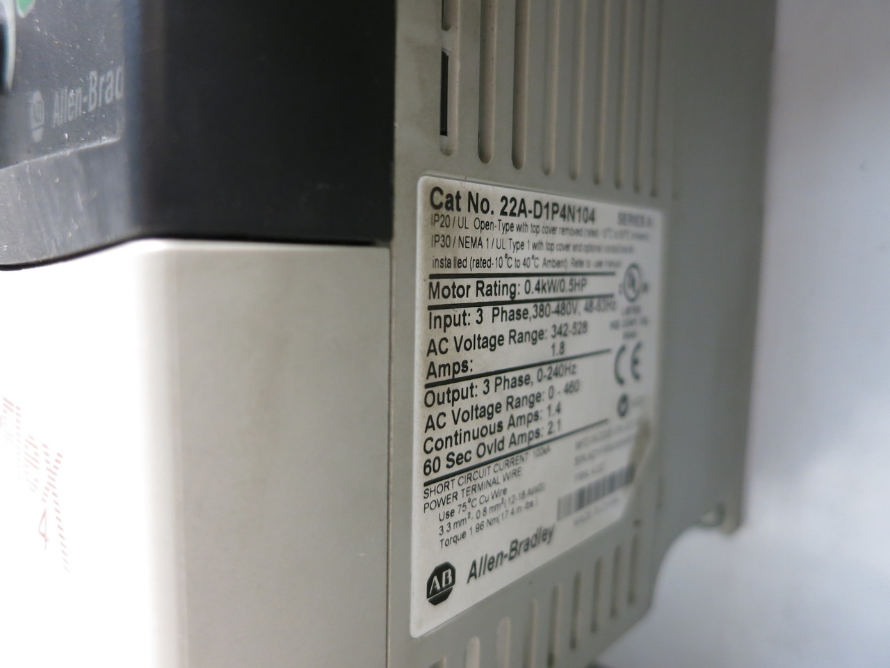 Allen Bradley 22A-D1P4N104 Ser A 0.5 HP PowerFlex 4 AC VS Drive Enclosed Type 12 (DW6062-1)