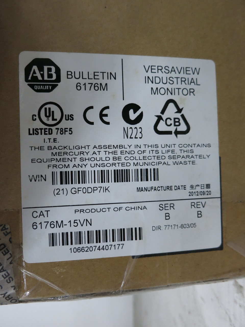 NEW Allen Bradley 6176M-15VN Ser B 15" Standard Screen Monitor 1550M 15 in Vesa (DW6097-1)