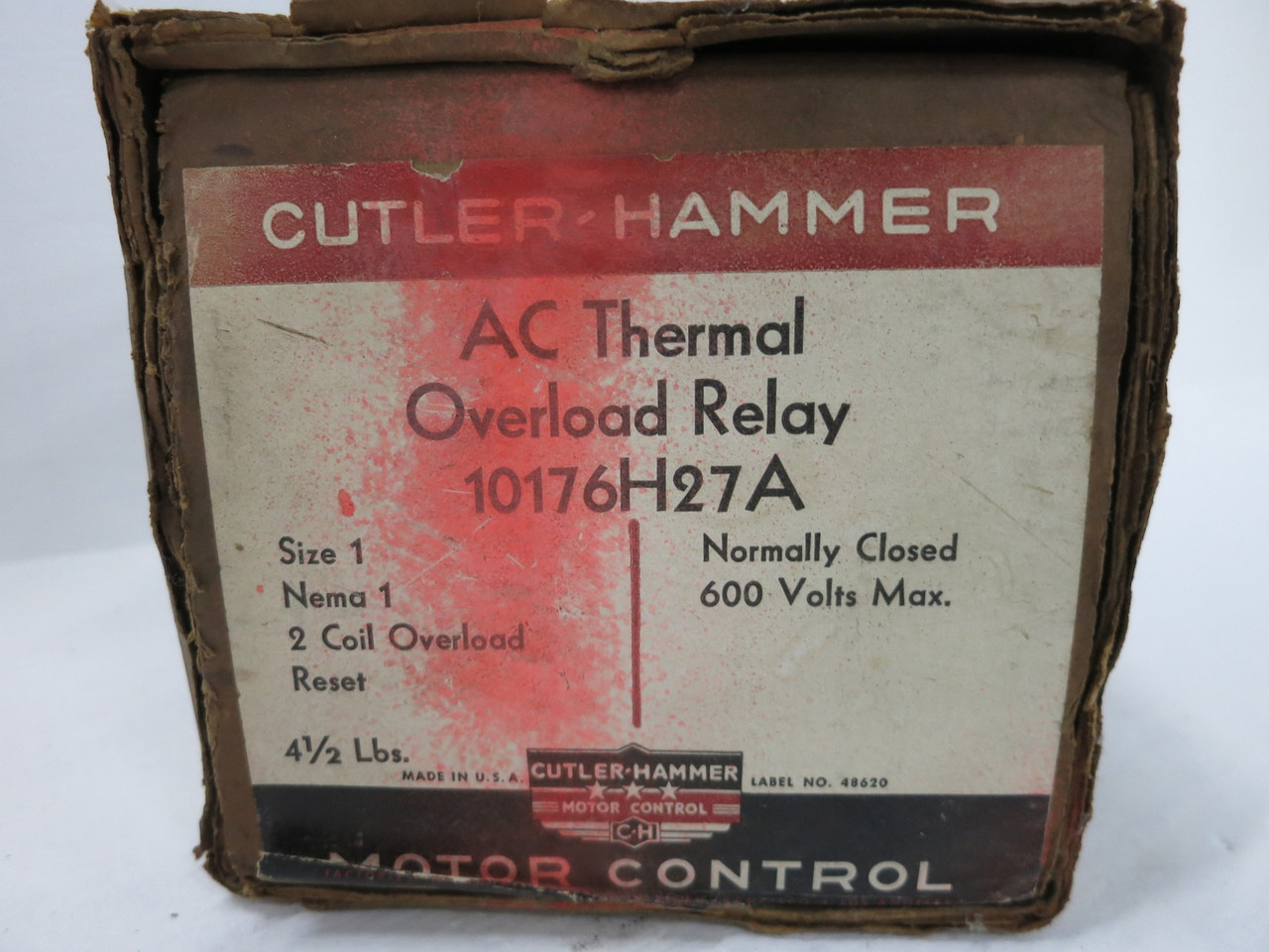 NEW Cutler Hammer 10176H27A AC Thermal Overload Relay Size 1 600V NC 2 Coil (DW6152-1)