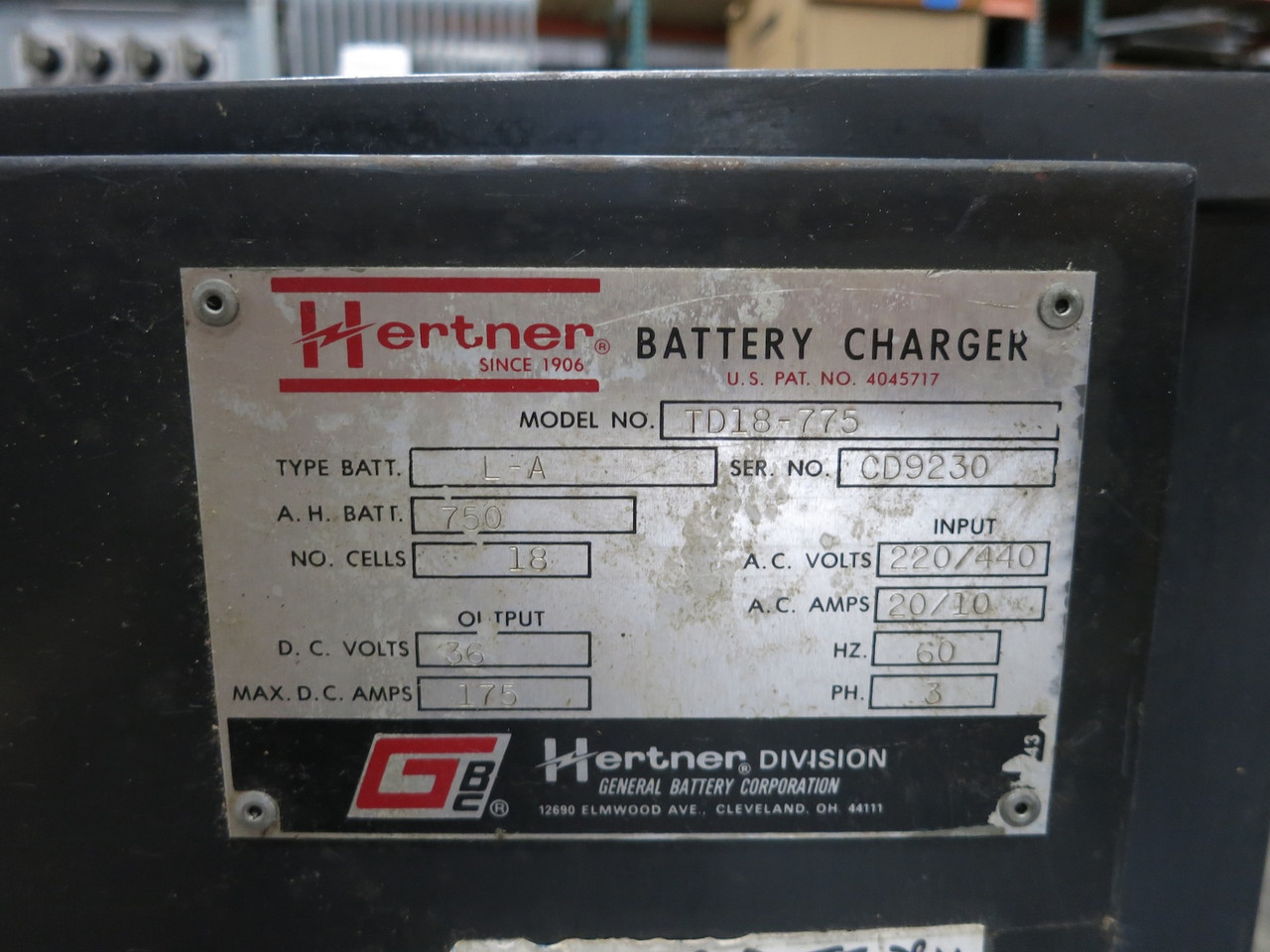 Hertner TD18-775 Battery Charger 220/440V - 36VDC 750AH 18 Cell L-A 175A (DW6162-1)