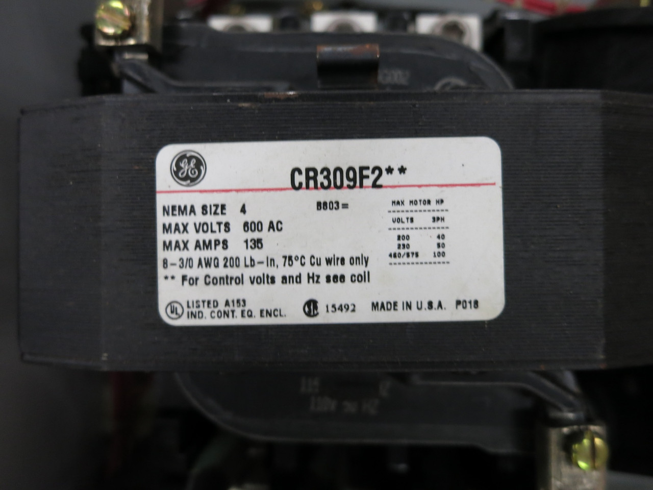 GE CR309F2** Enclosed Size 4 Reversing Motor Starter 135A 100HP Type 12 300-Line (DW6182-1)