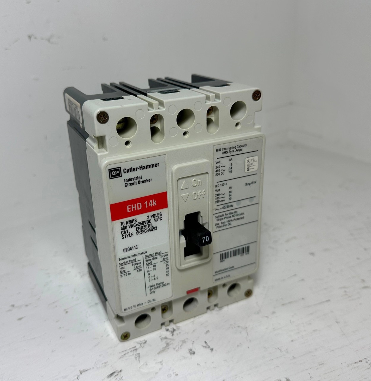 NEW Cutler-Hammer EHD3070L 70A Circuit Breaker Glossy Red 480 VAC 3P 70 Amp NIB (EM5079-1)