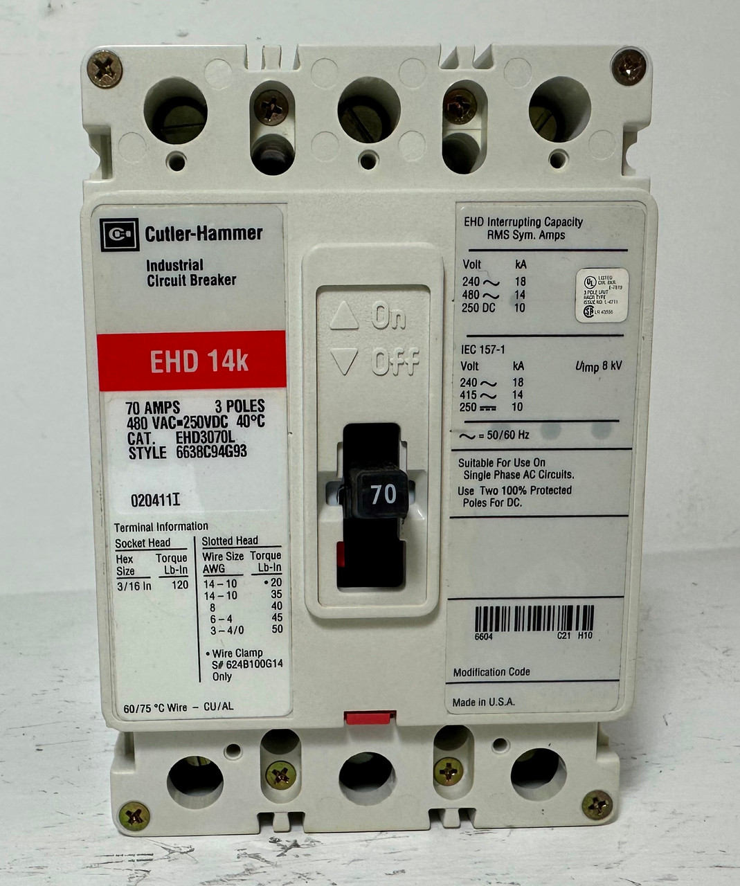 NEW Cutler-Hammer EHD3070L 70A Circuit Breaker Glossy Red 480 VAC 3P 70 Amp NIB (EM5079-1)