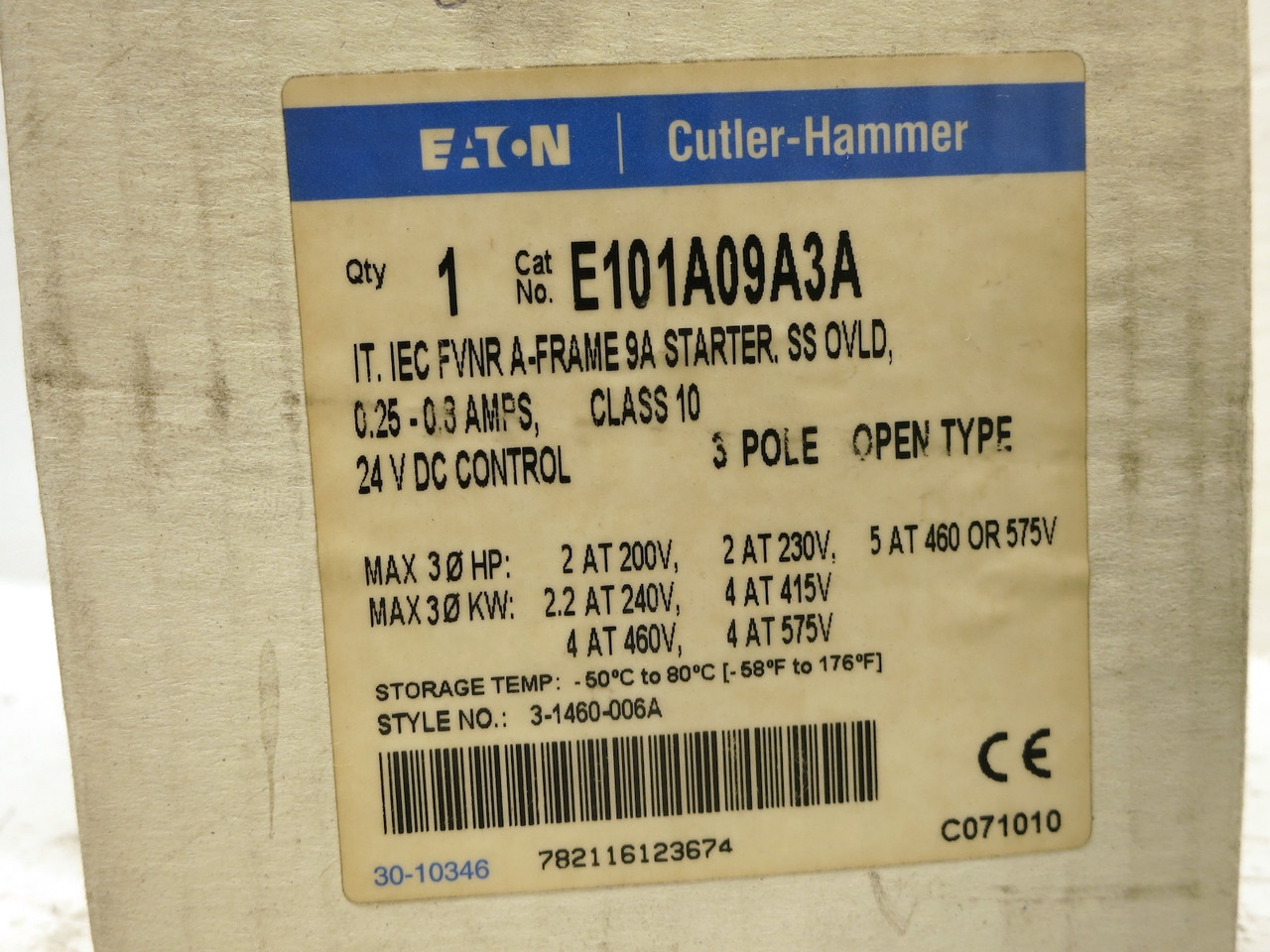 NEW Eaton E101A09A3A Motor Starter 9A 24V Coil .25-.8A Overload FVNR 5HP @ 460V (DW6217-1)