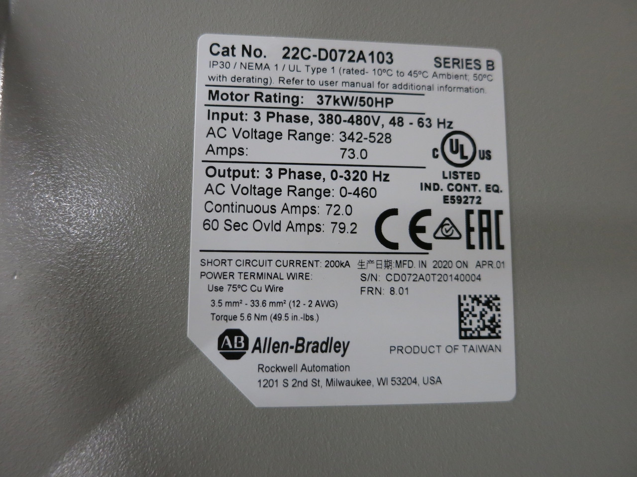 Allen Bradley 22C-D072A103 Ser B 50 HP PowerFlex 400 VS Drive 480V 72A (DW6228-1)