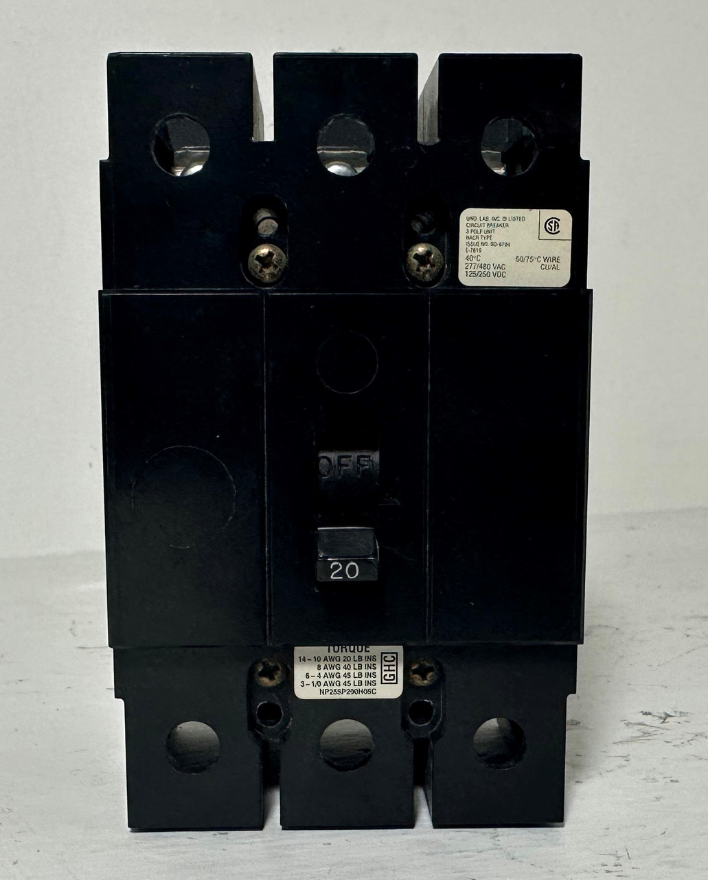 CH Westinghouse GHC3020 20A Circuit Breaker 480 VAC 3 Pole 20 Amp (EM5084-2)