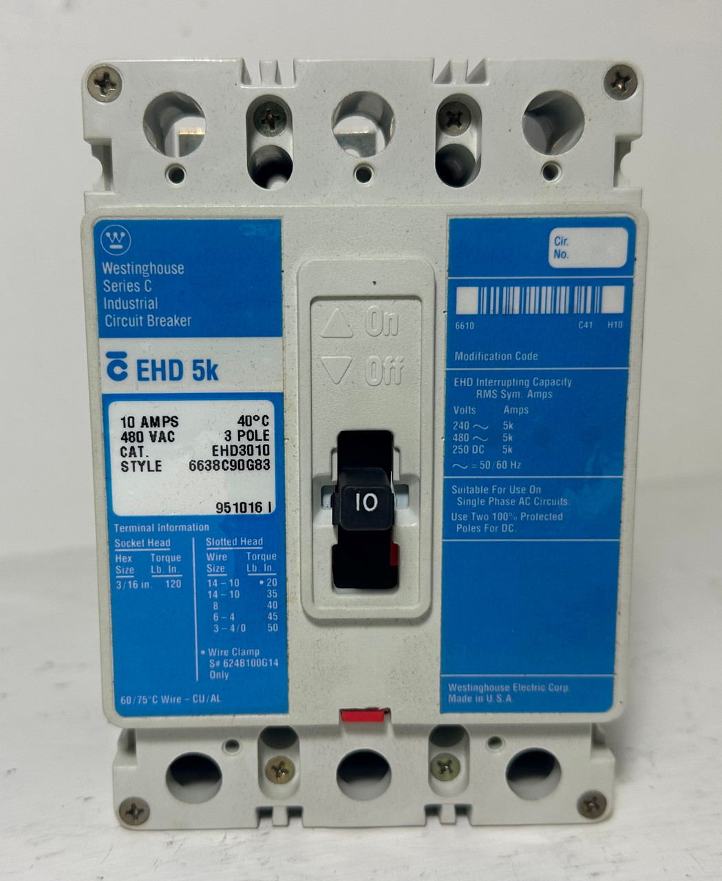 NEW Westinghouse EHD3010 10A Circuit Breaker Glossy Blue 480 VAC 3P 10 Amp NIB (EM5087-1)