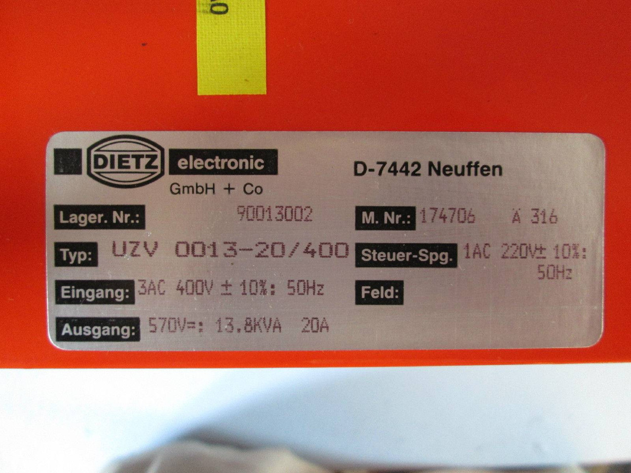DIETZ electronic UZV 0013-20/400 AC Servo Drive Controller 174706 A 316 PLC (EBI1182-1)