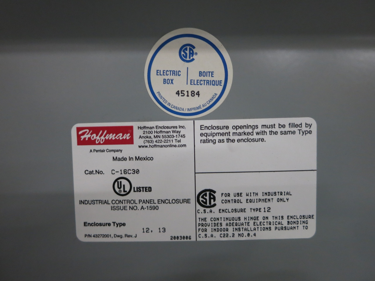 NEW Hoffman C-16C30 Industrial Consolet Control Panel Enclosure Type 12 Pentair (DW6318-1)