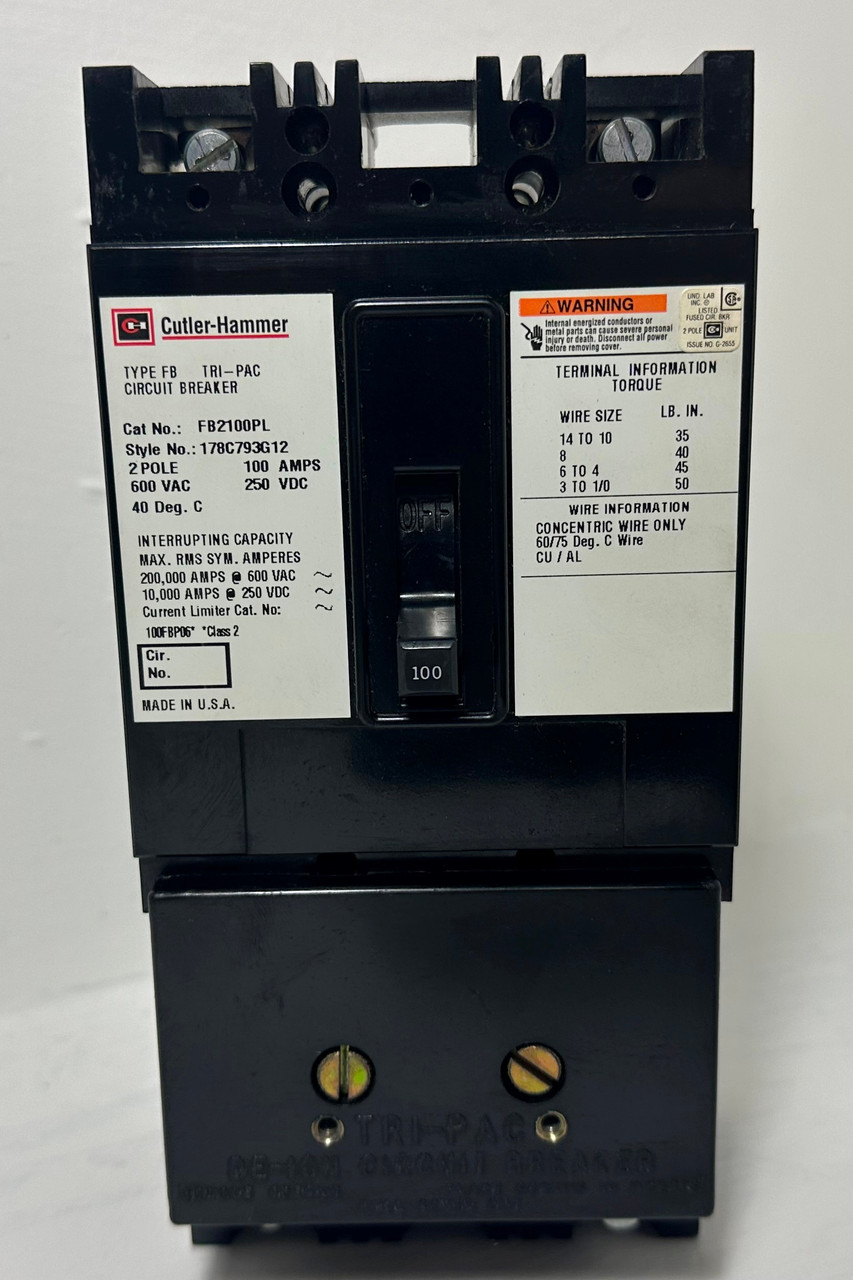 NEW Cutler Hammer FB2100PL 100A Tri-Pac 2P Circuit Breaker 100 Amp 2 Pole NIB (EM5133-1)