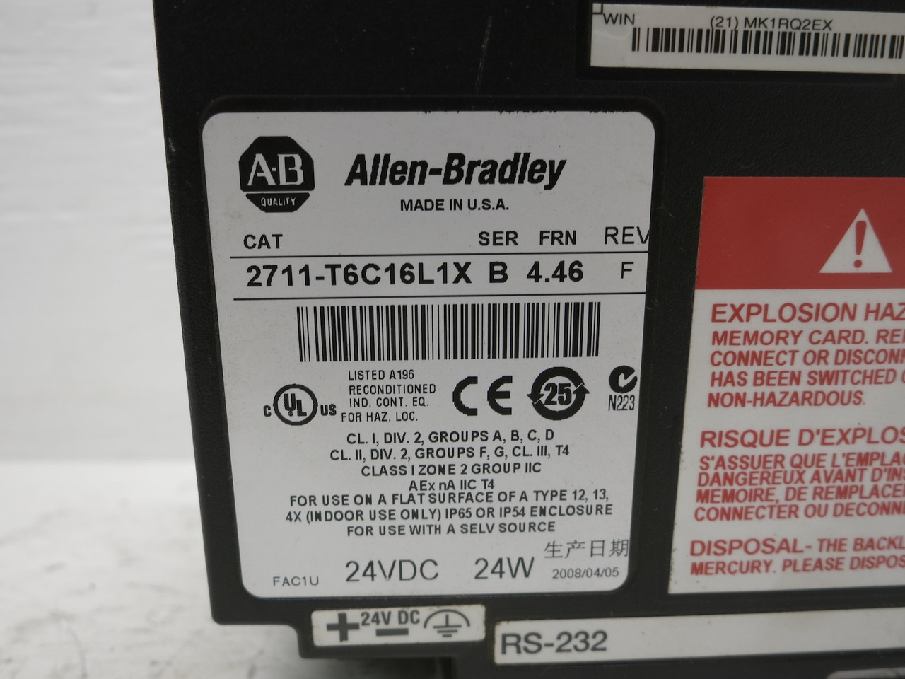 Allen Bradley 2711-T6C16L1X Ser B Rev F FRN 4.46 PanelView 600 Terminal Screen (DW6333-1)