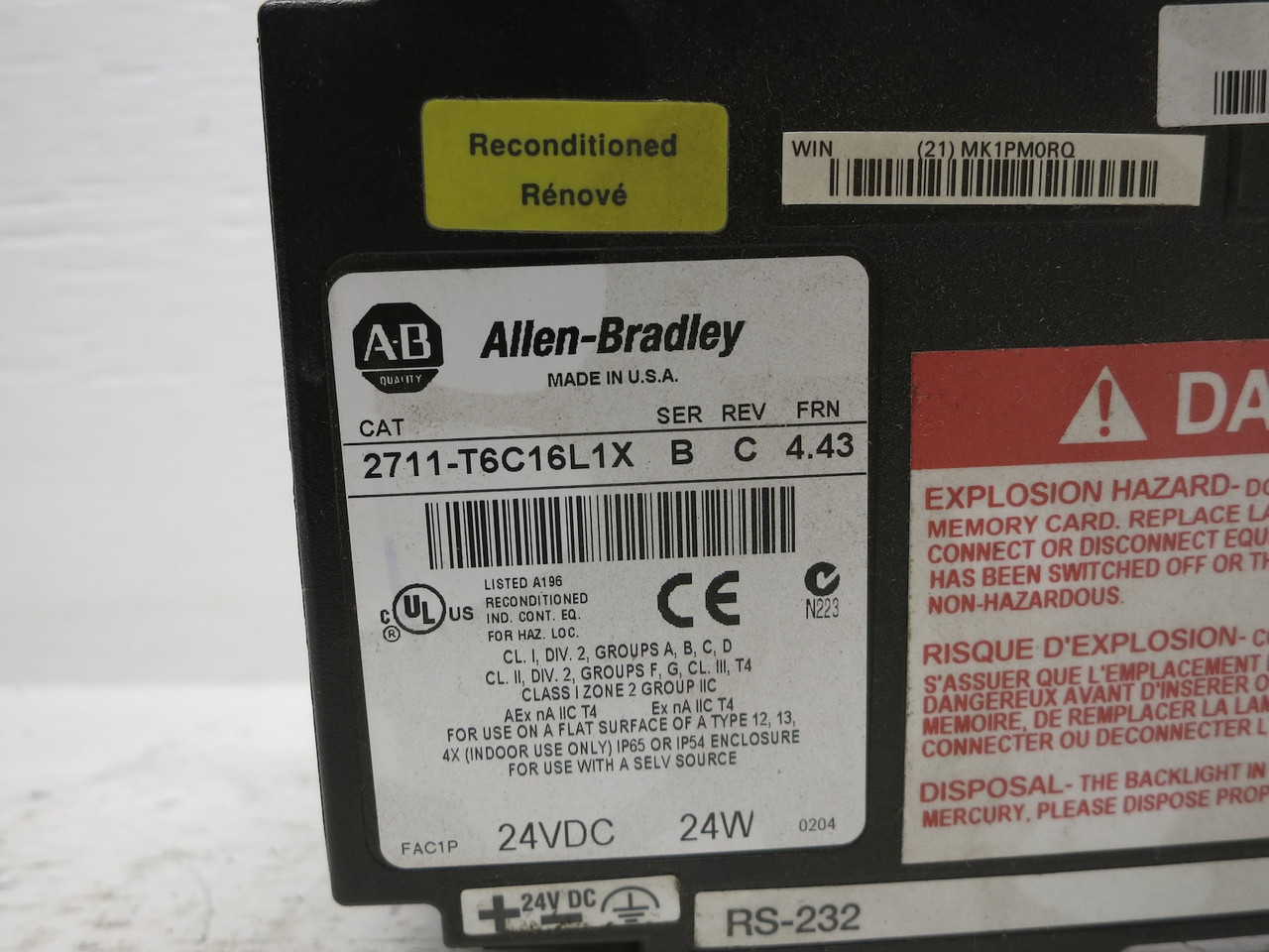 Allen Bradley 2711-T6C16L1X Ser B Rev C FRN 4.43 PanelView 600 Terminal Screen (DW6332-1)