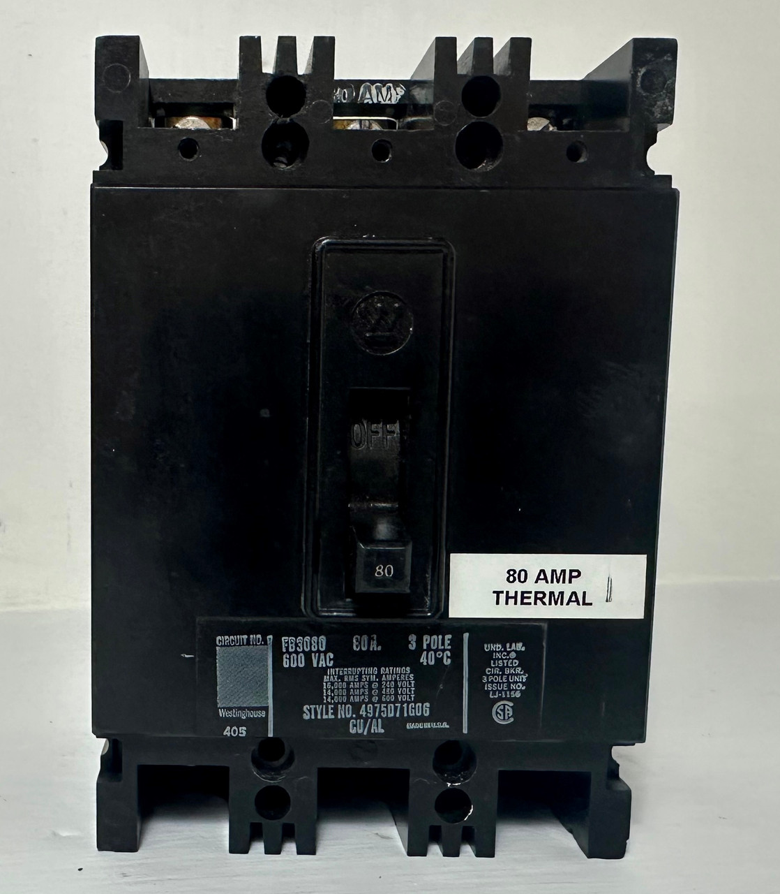 Westinghouse FB3080 80A Circuit Breaker 3 Pole 480/600V Type FB 80 Amp (EM5147-1)
