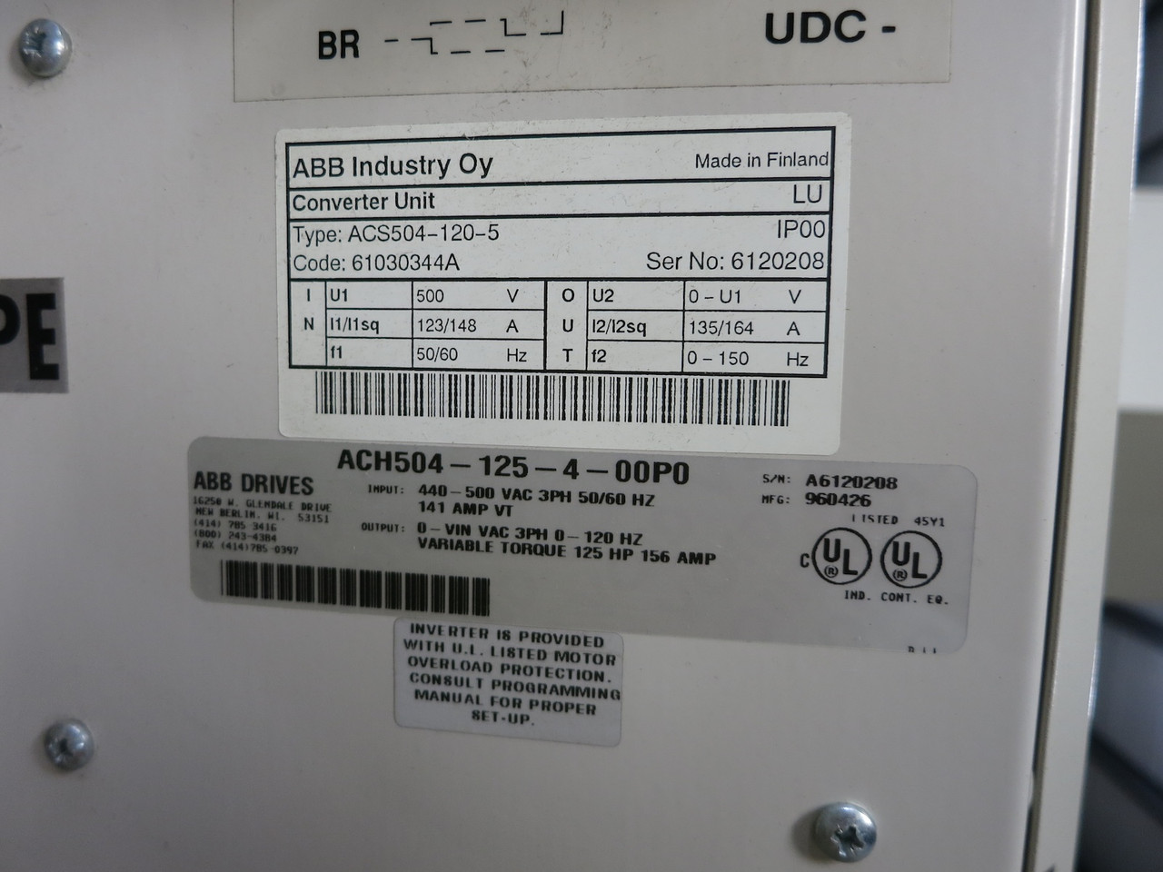 ABB ACS504-120-5 Converter Unit 125 HP ACH504-125-4-00P0 AC VS Drive 3PH 156A (DW6387-1)