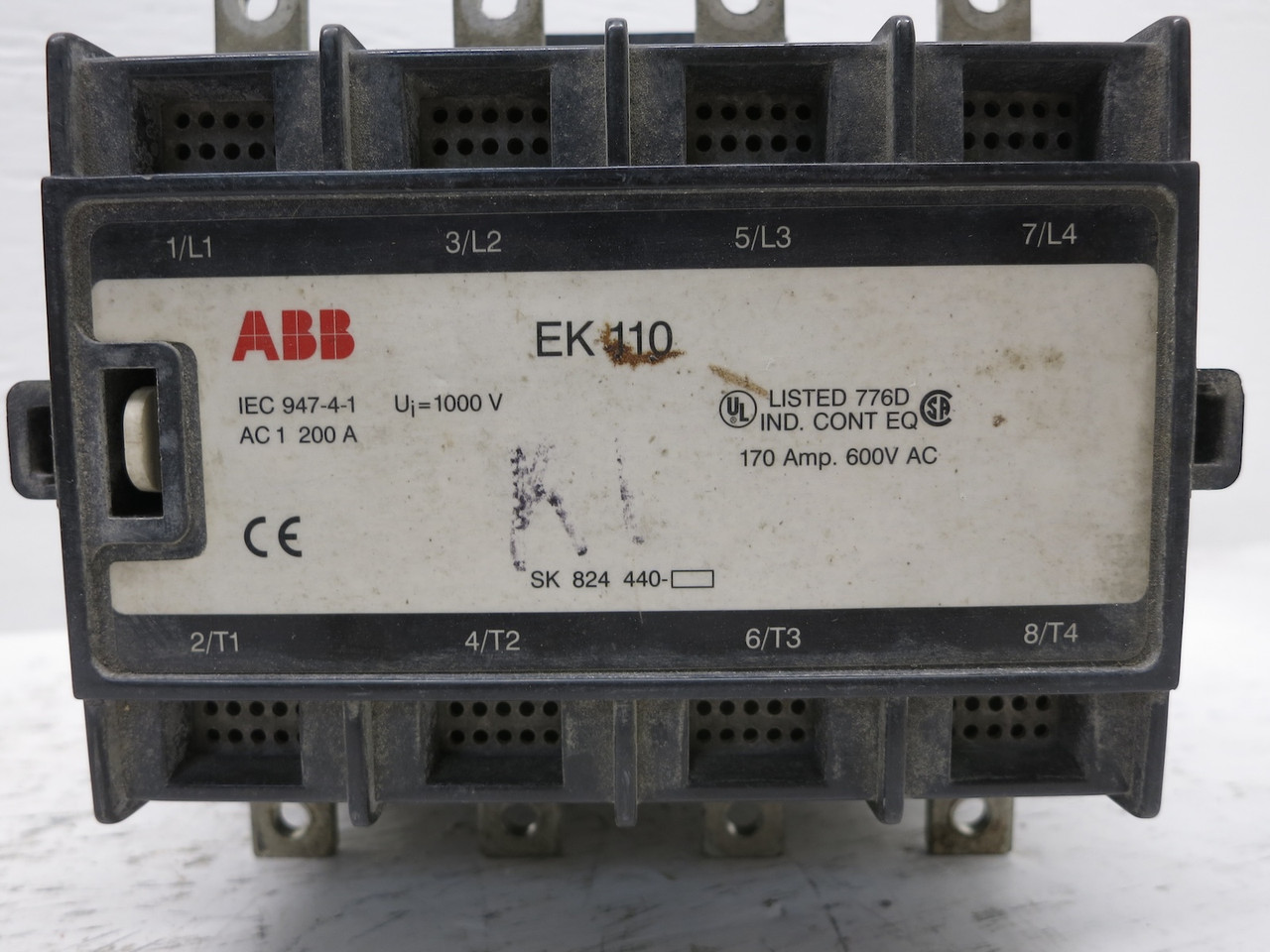 ABB EK-110 Motor Contactor 4-Pole 170 Amp 600V 24V-DC Coil 4P 170A EK110 DB (DW6359-11)