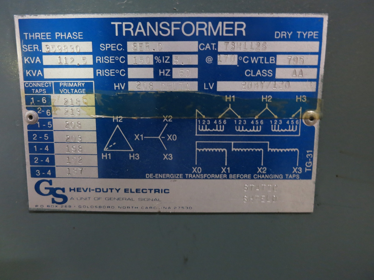 Hevi Duty 112.5 kVA 208 Delta to 208Y/120 V 3PH Dry Type Transformer T3H112S (DW6391-1)