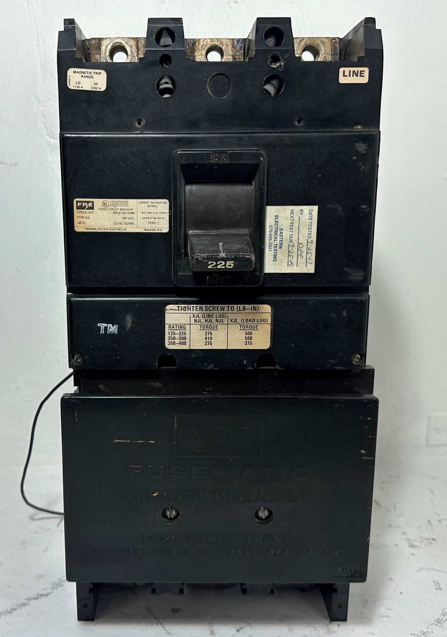 FPE XJL434225 225A Circuit Breaker w/ Shunt XJL 480V 3P Federal Pacific 225 Amp (EM5176-1)