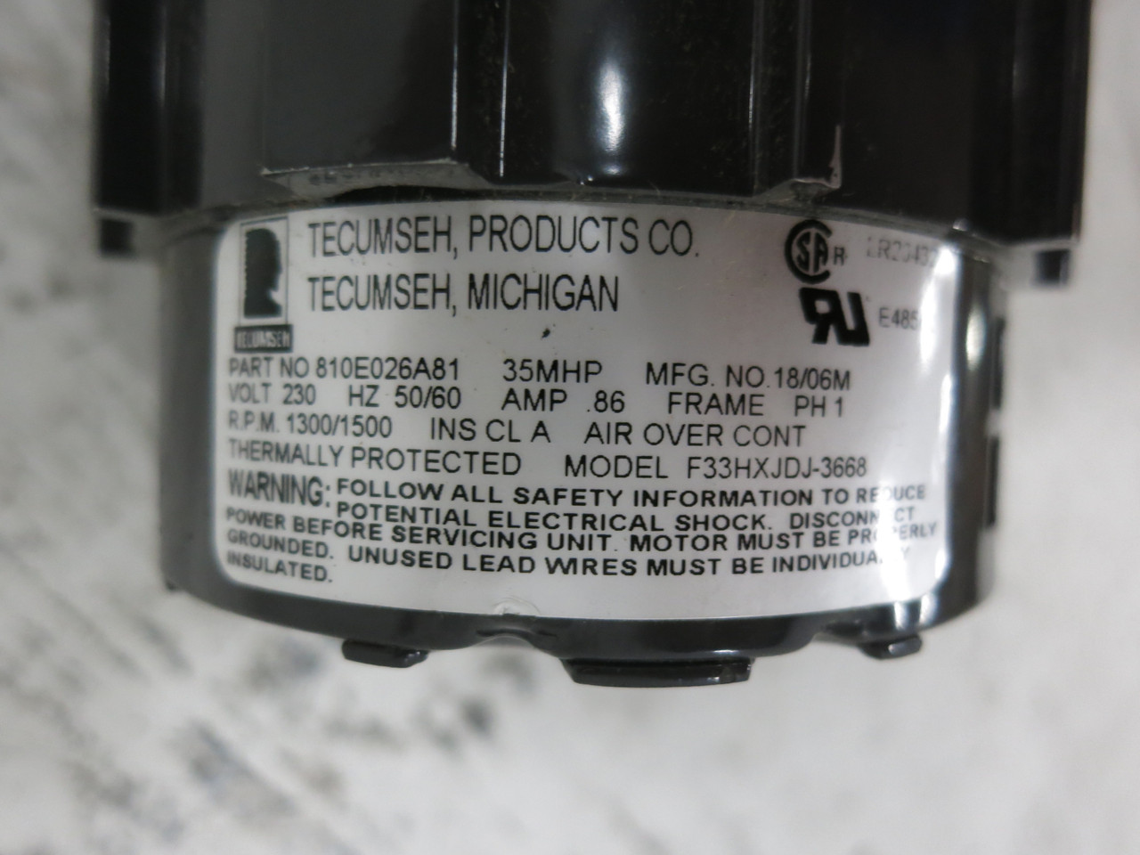 NEW Tecumseh 810E026A81 35 MHP 230V Refrigeration Fan Motor 1300/1500 RPM 18/06M (DW6448-1)