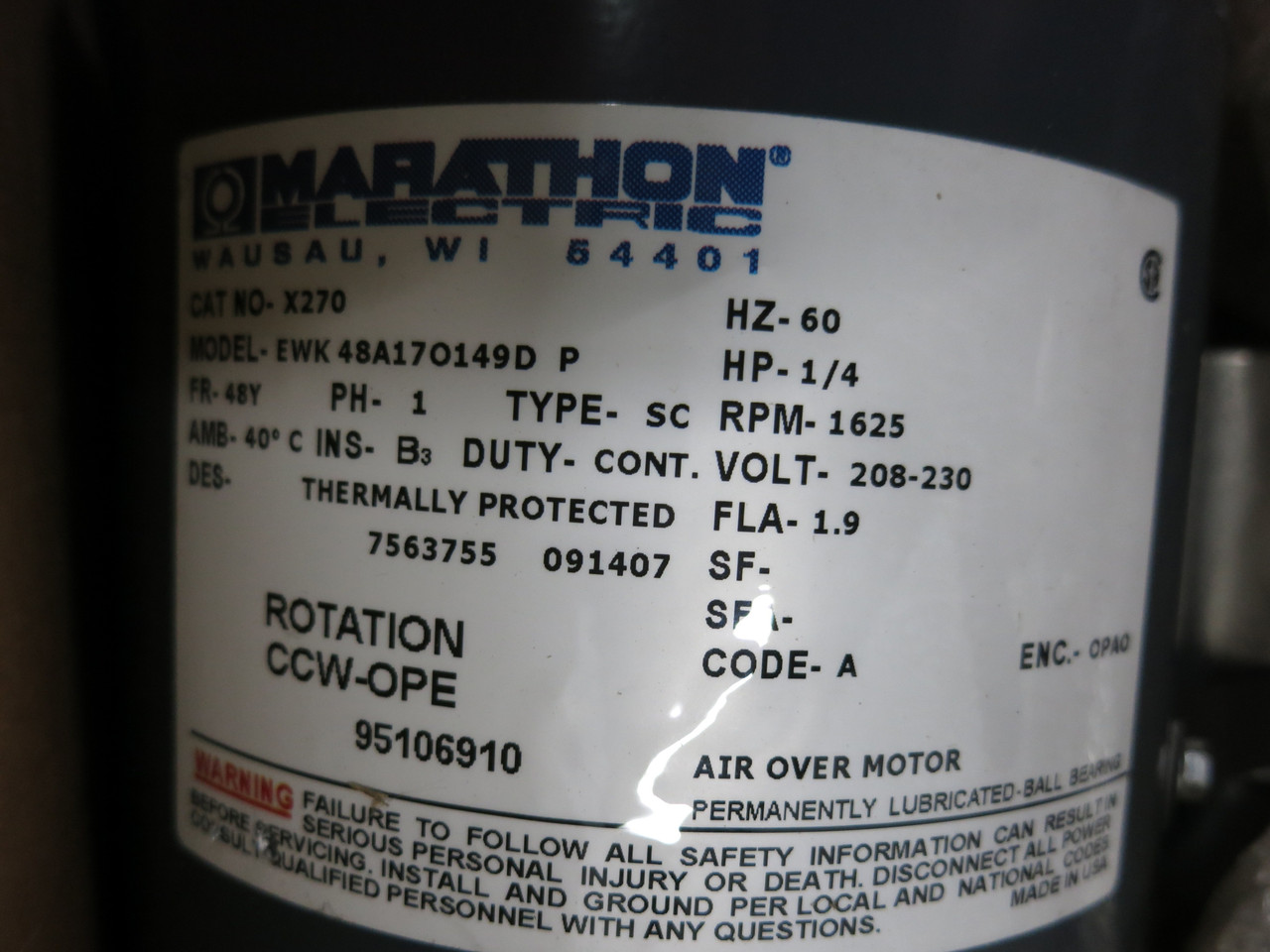 NEW Marathon X270 1/4 HP AC Motor 208-230V 1625 RPM 48Y EWK SC 48A170149 NIB (DW6449-2)