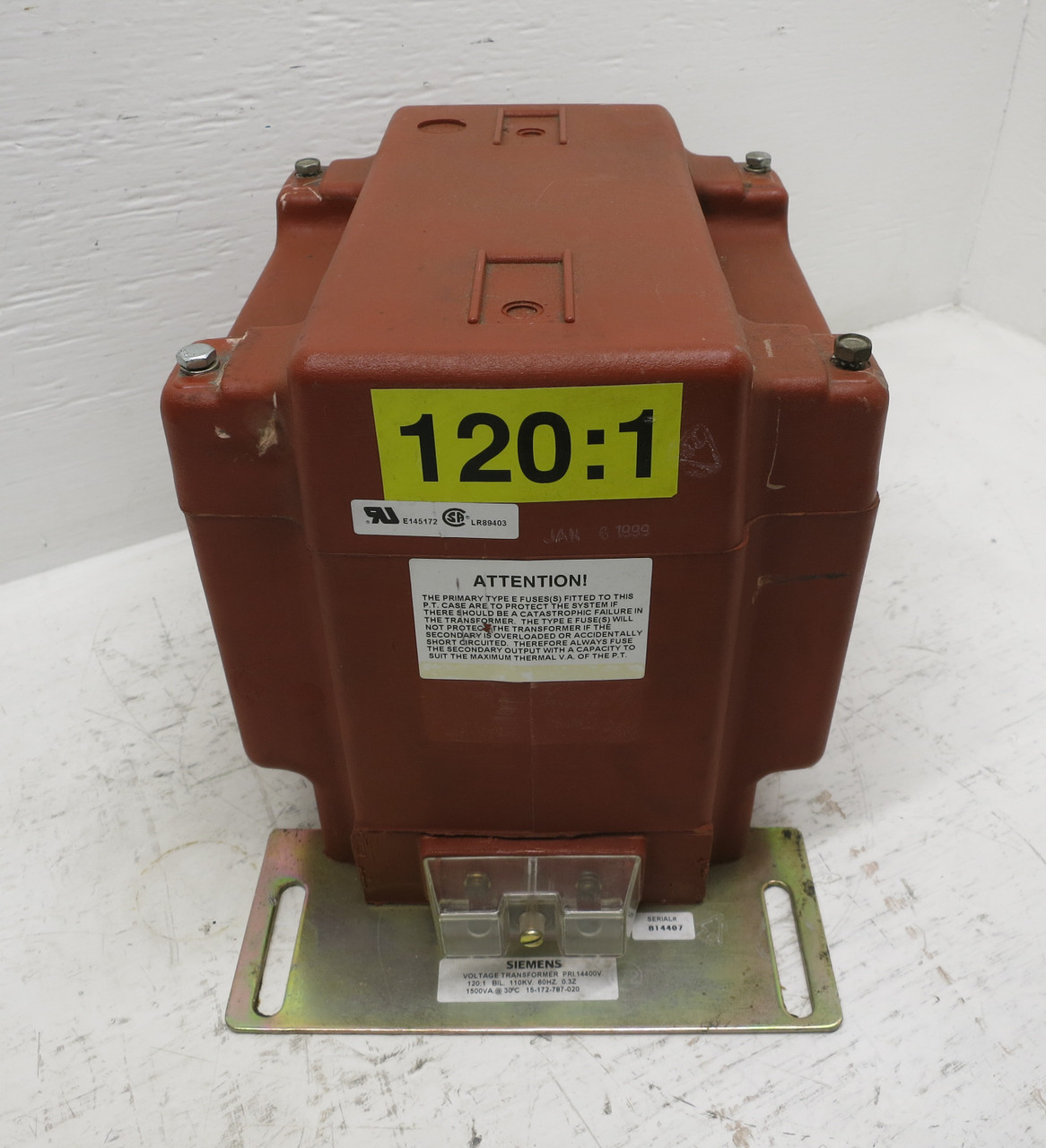 Siemens 15-172-787-020 Voltage Transformer 14400V Ratio 120:1 1500VA CT VT PT (DW6466-1)