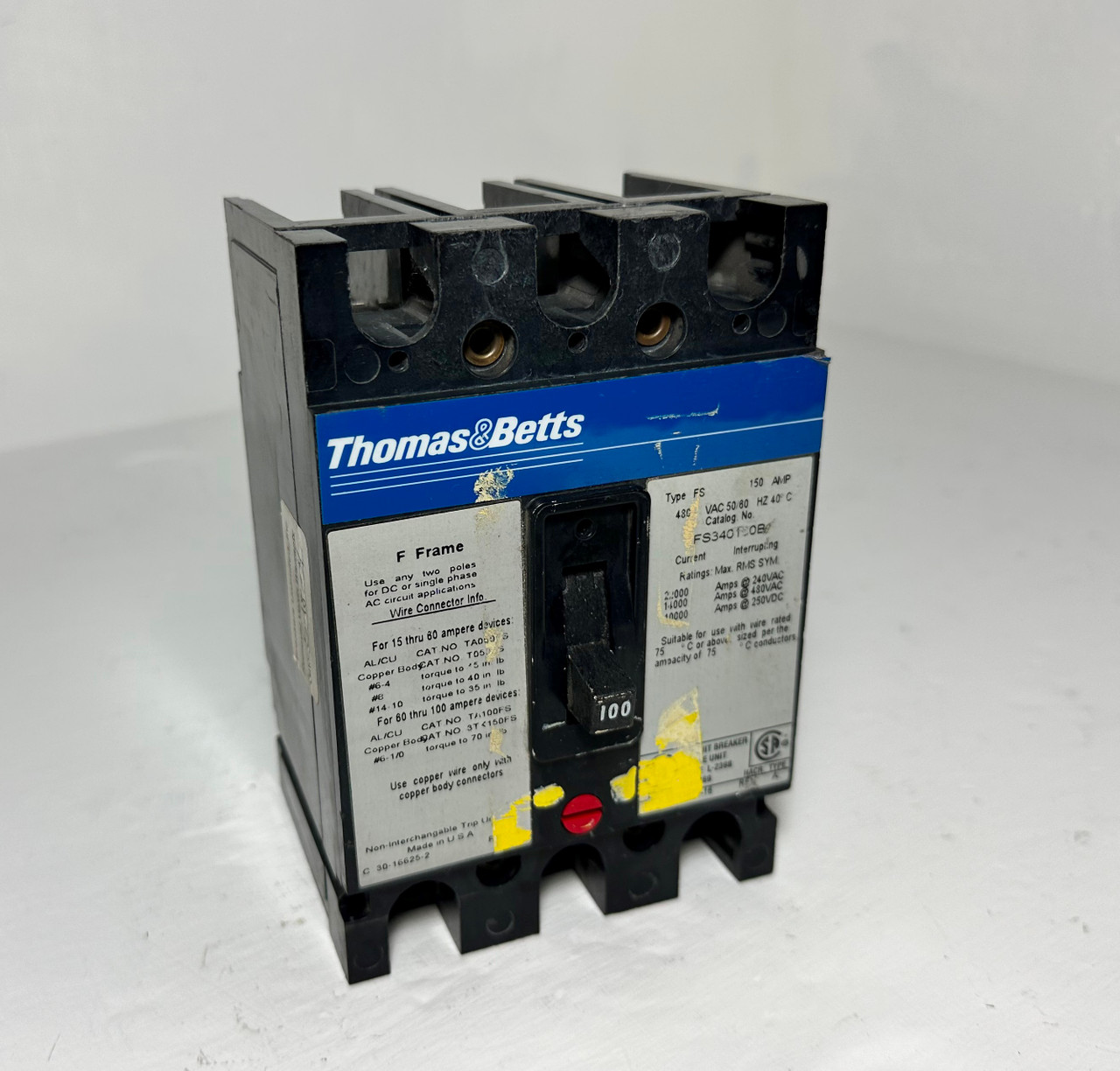 Thomas & Betts FS340100B 100A Circuit Breaker 3P 480 VAC Type FS Eaton 100 Amp (EM5210-1)