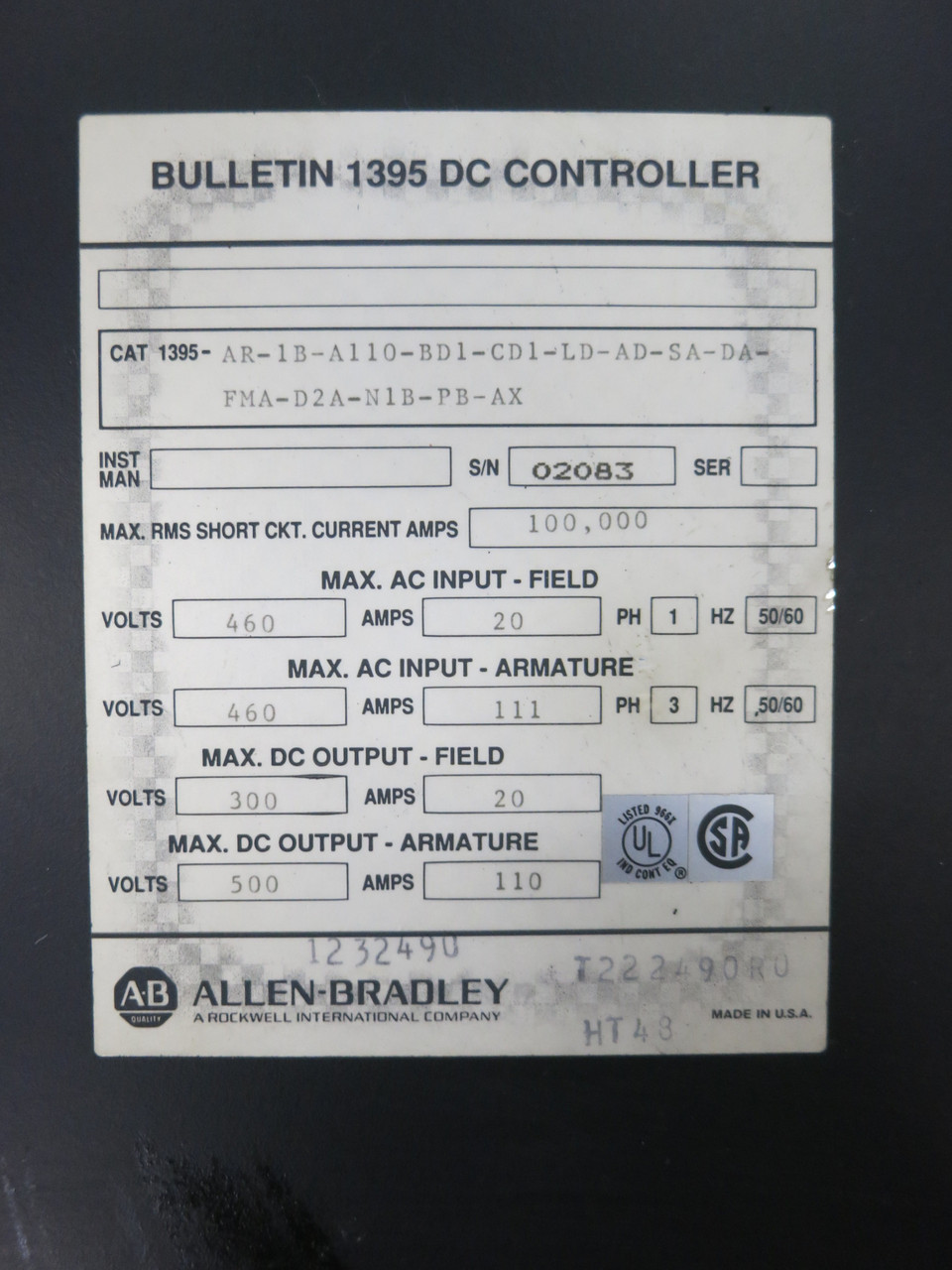 Allen Bradley 1395 Digital DC Drive Controller 460V In 300/500 Out 20/110A Servo (DW6508-1)