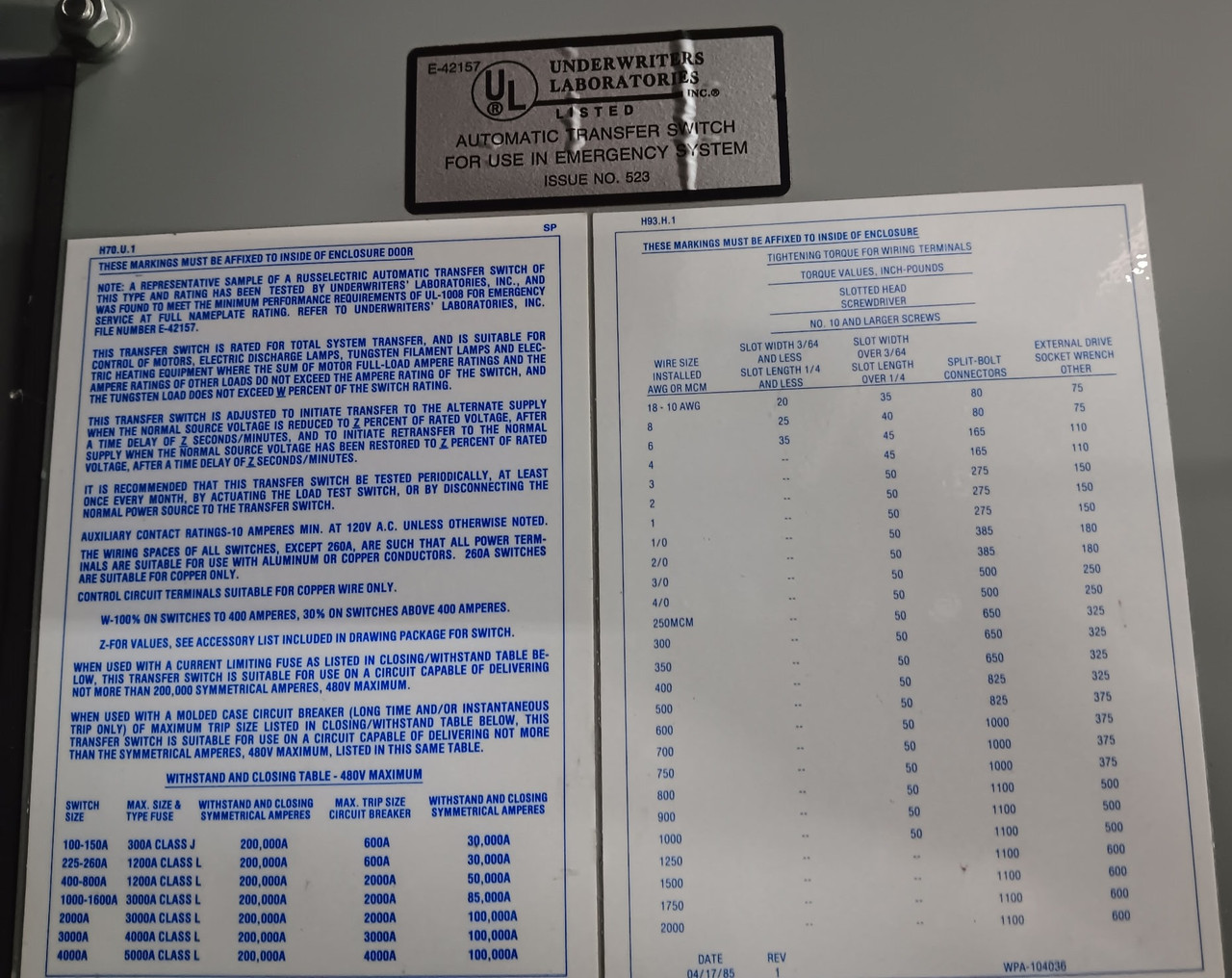 Russelectric RMTD-6003CE 600A 480V Automatic Transfer Switch 3PH 3W 600 Amp ATS (DW6512-1)
