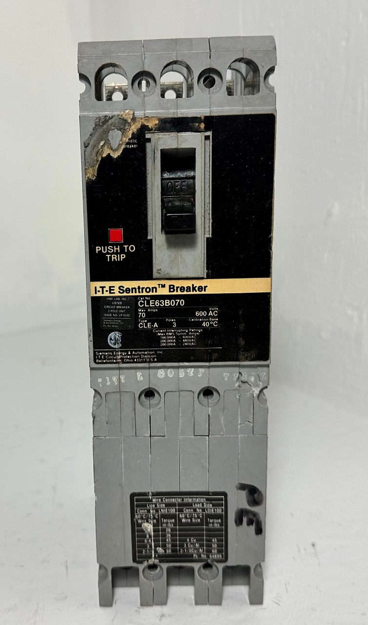 Siemens I-T-E CLE63B070 70A Sentron Circuit Breaker 480/600V 3P CLE-A ITE 70 Amp (EM5232-1)