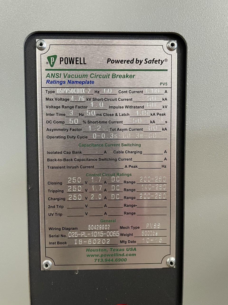 Powell 05PV50CDRX-2 1200A 4.76 kV Vacuum Circuit Breaker 250V GE 5kV 1200 Amp (DW6533-2)