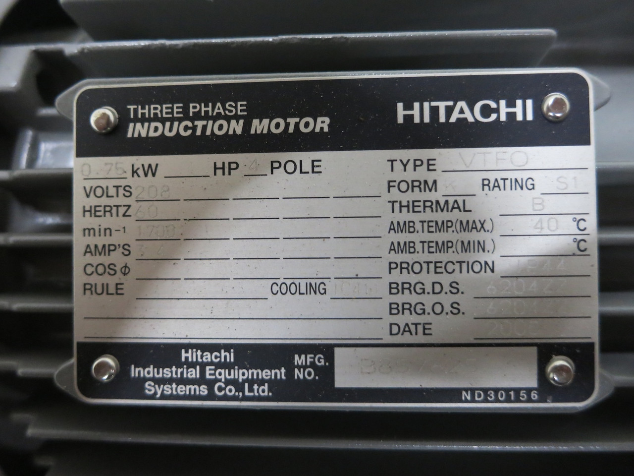NEW Hitachi B857625 0.75 kW Induction Motor 208V 3PH 1700 RPM Type VTFO MS1L-HBA (DW6551-1)