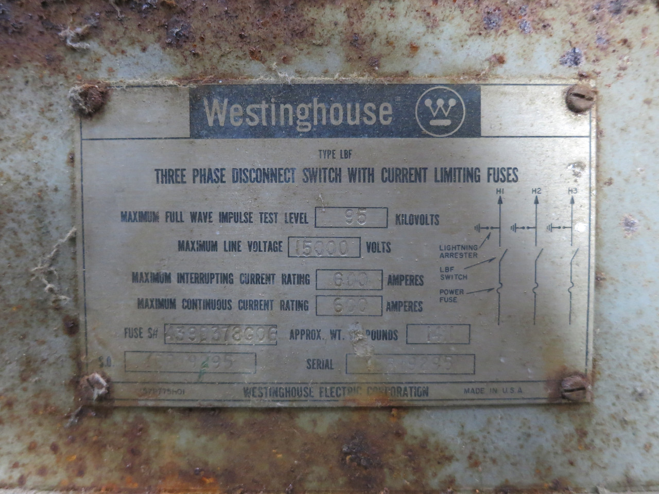 Westinghouse LBF 15kV 600A Fusible Load Interrupter Switch 600 Amp HVL Fused L (DW6557-5)