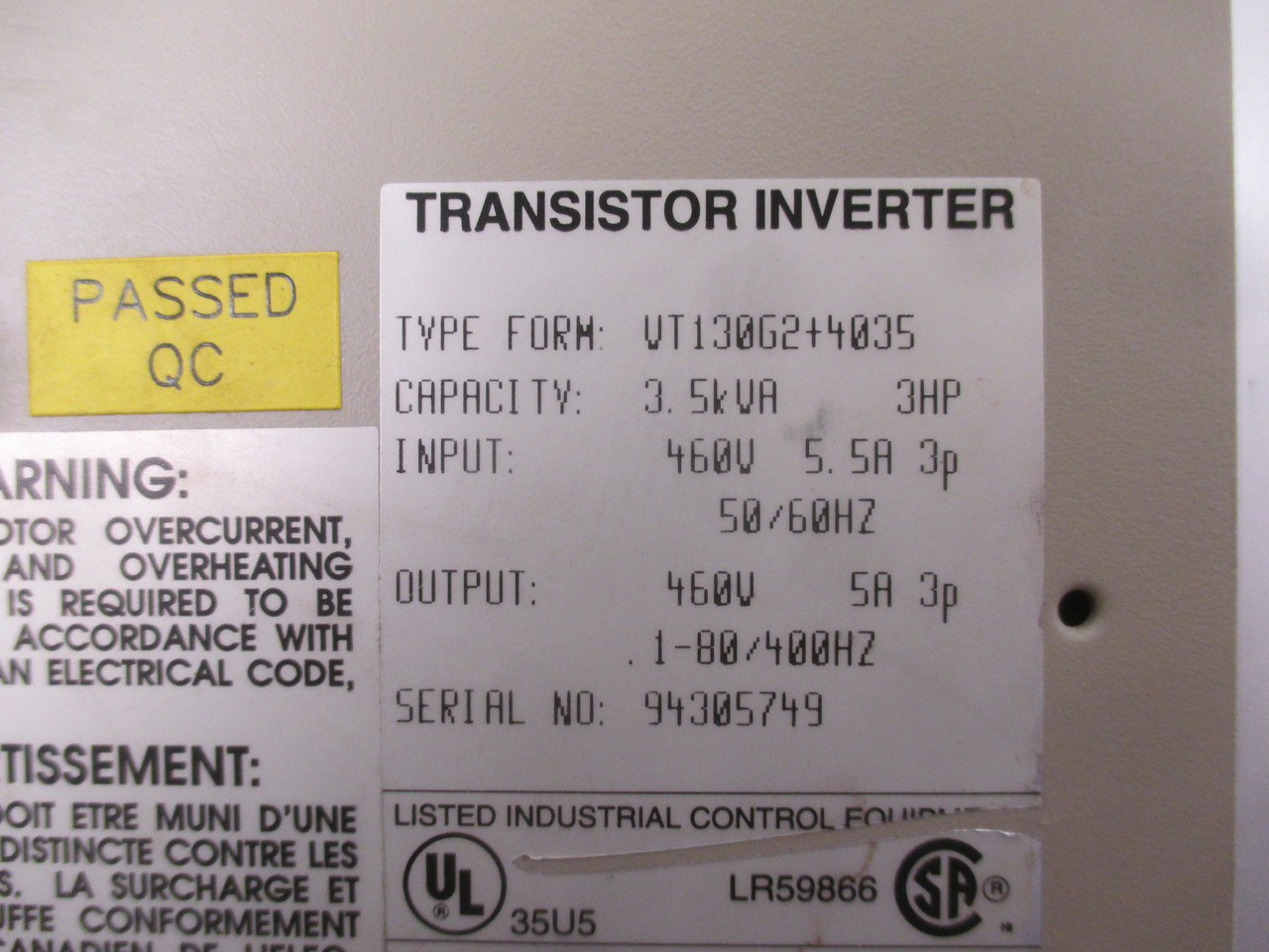 Toshiba VT130G2+4035 3HP Tosvert-130G2+ Transistor Inverter Drive 3.5 kVa (AH0010-1)